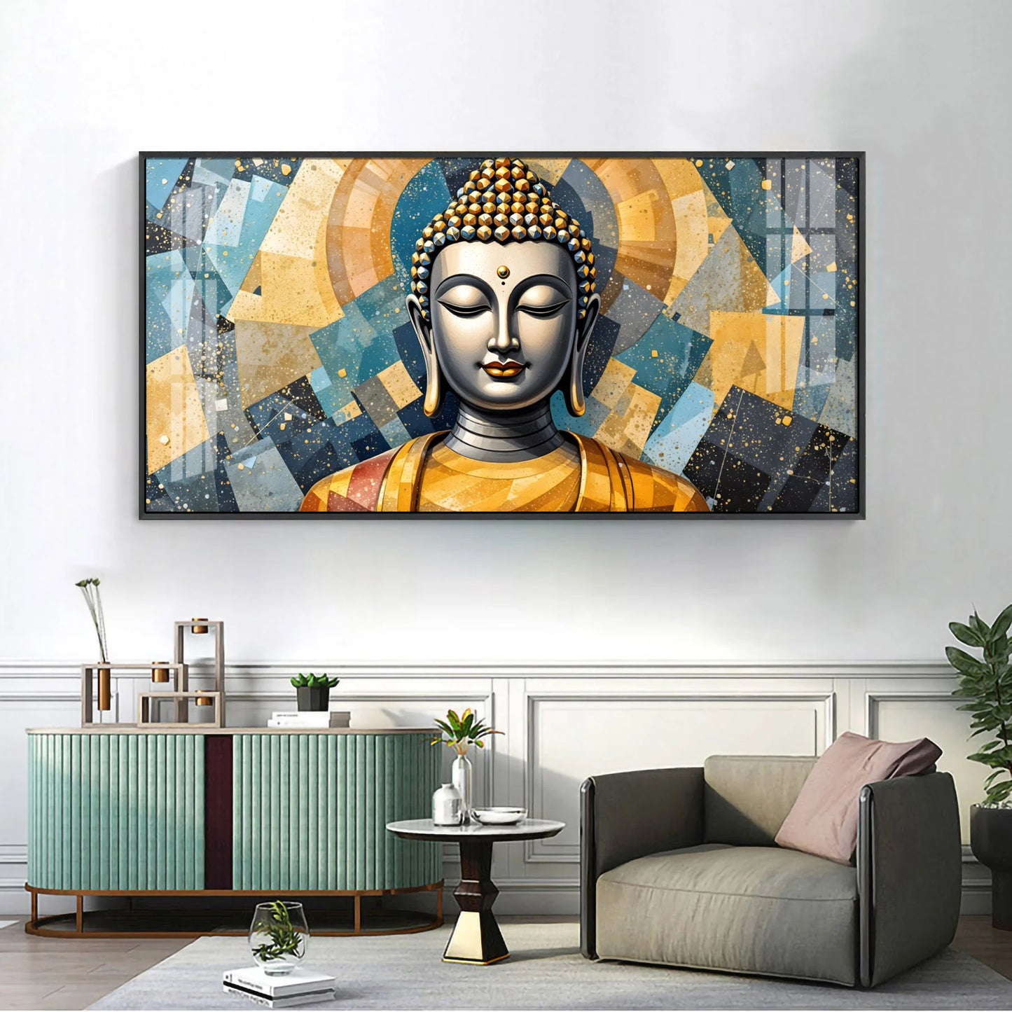 Abstract Buddha Face Portrait Premium Acrylic Horizontal Wall Art