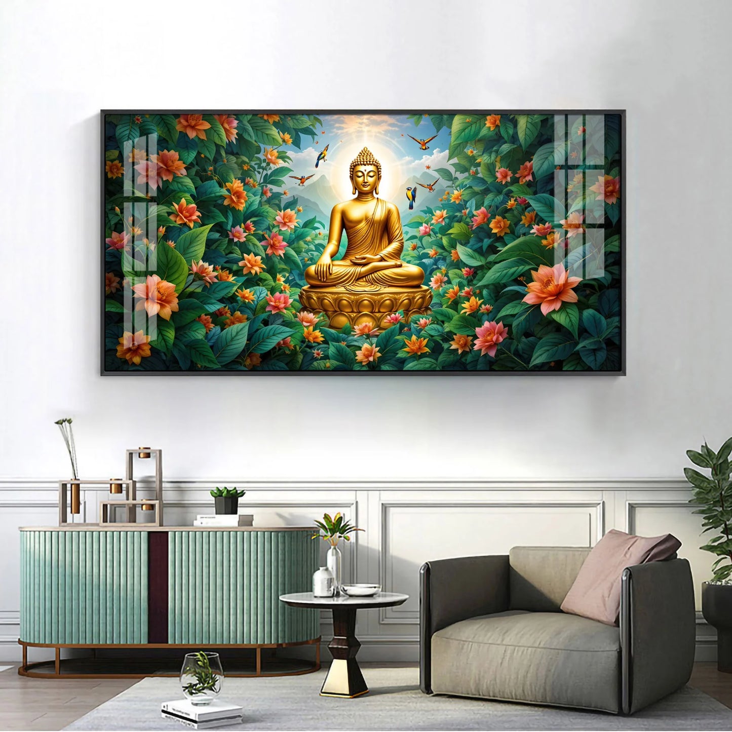 Mindful Living Buddha With Flower Premium Acrylic Horizontal Wall Art