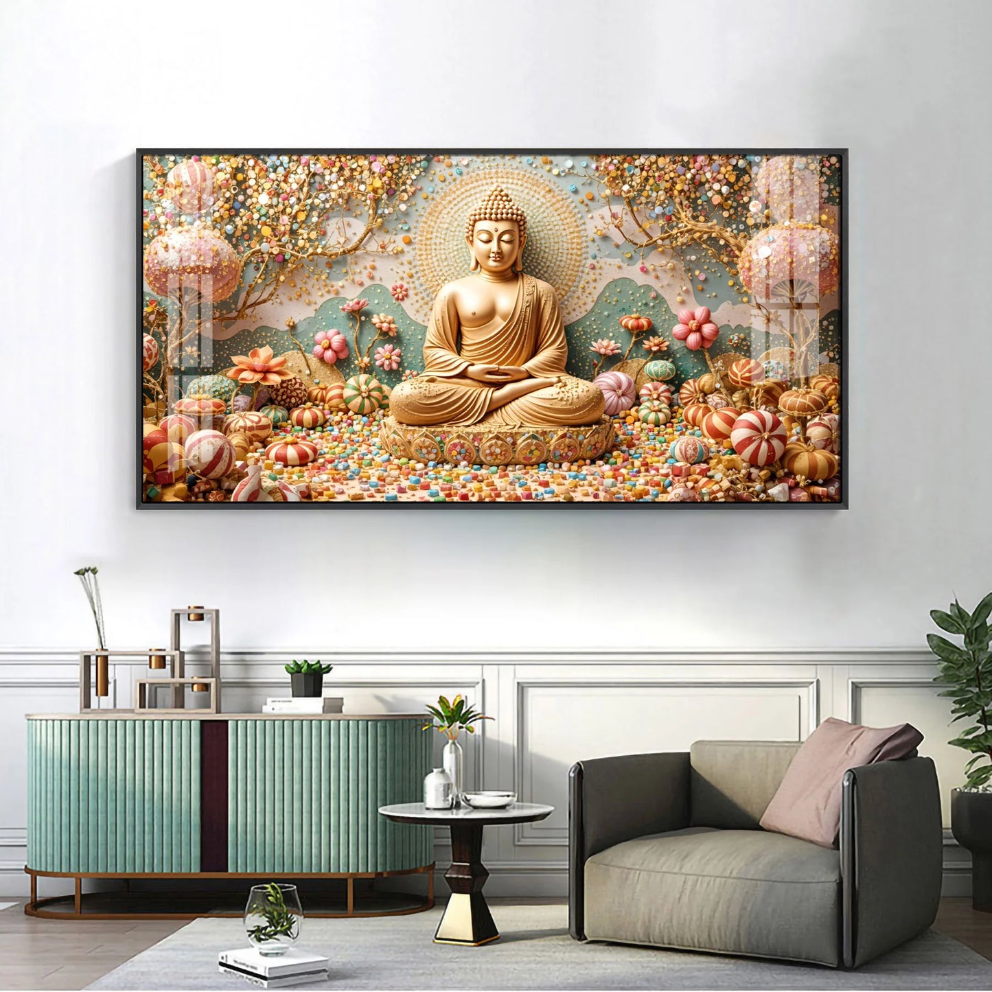 Golden Tranquility Of Buddha Premium Acrylic Horizontal Wall Art