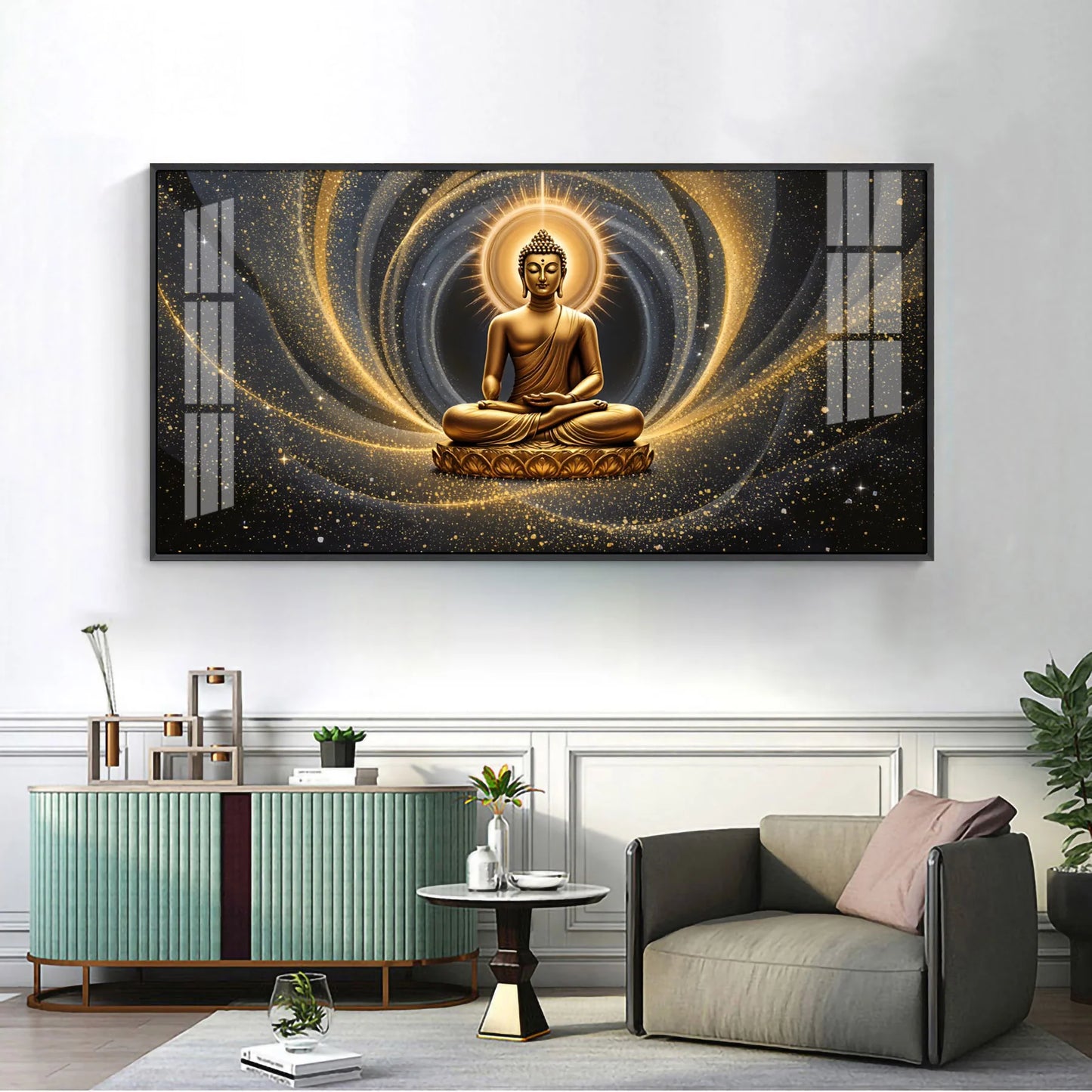 Golden Wave Buddha Reflection Premium Acrylic Horizontal Wall Art
