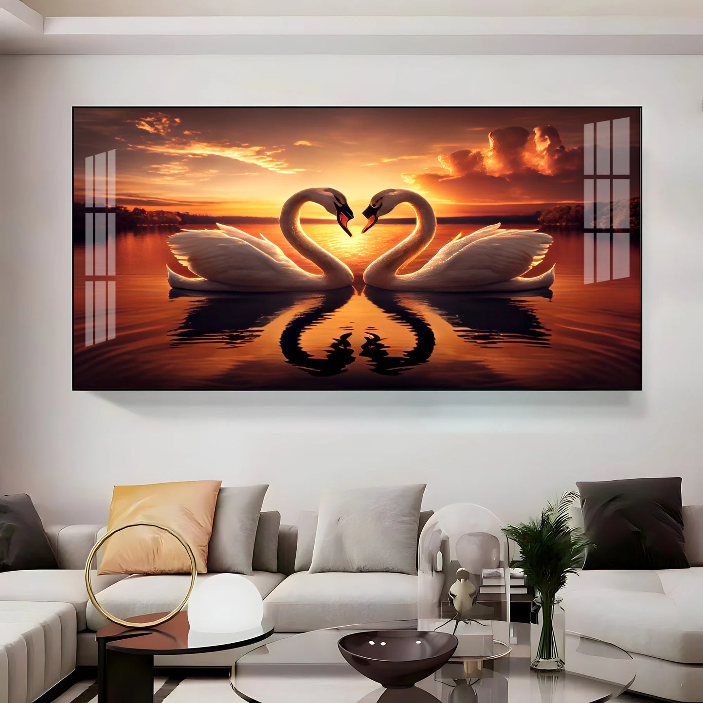 Loving Swan In Sunset Premium Acrylic Horizontal Wall Art