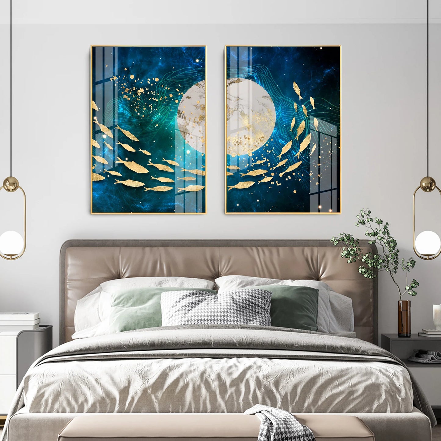 Golden Koi Fish Premium Acrylic Vertical Wall Art (Set Of 2)