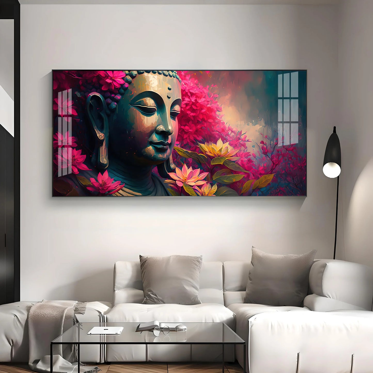 Lord Buddha Blossoms Premium Acrylic Horizontal Wall Art