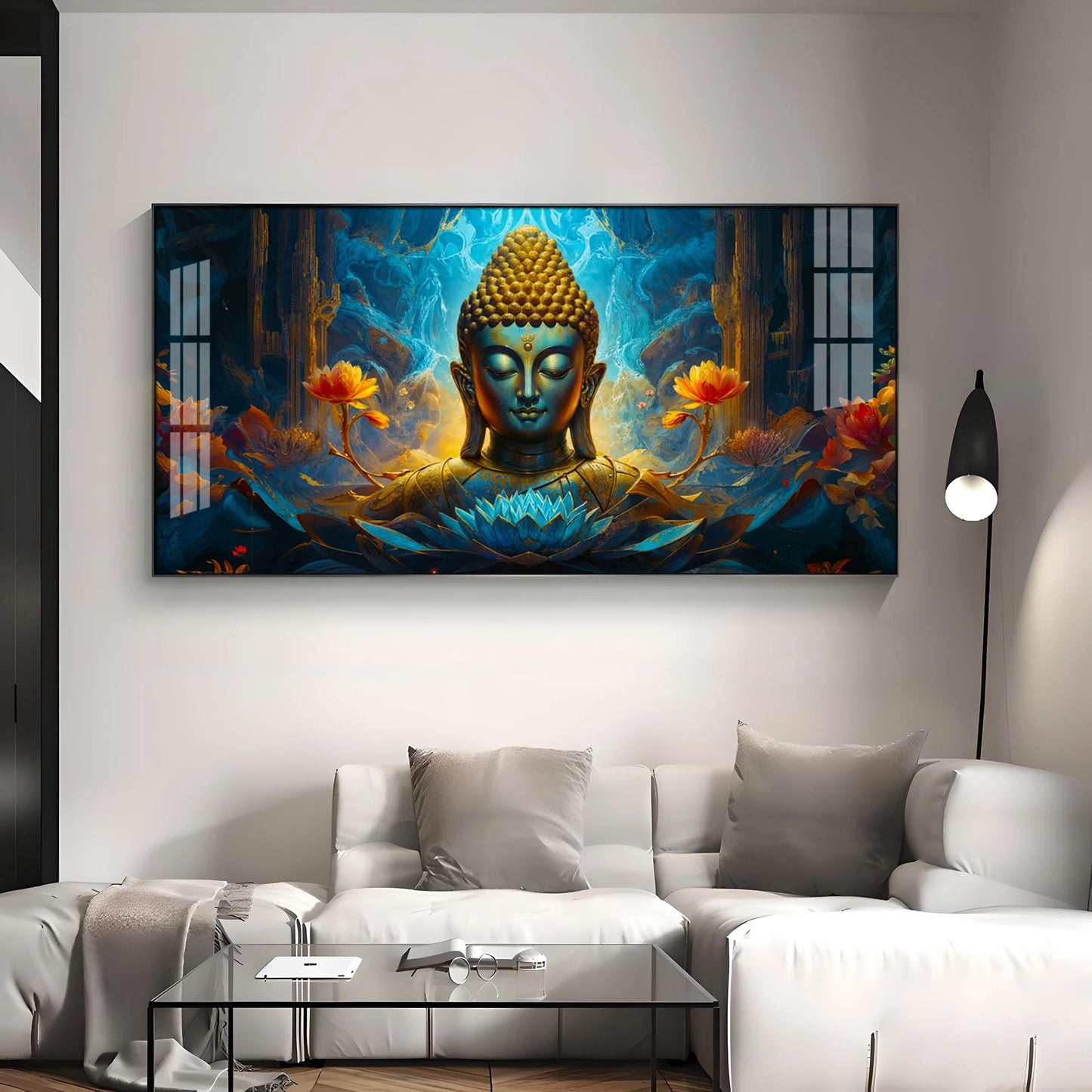 Tranquil Buddha Art In Blue Premium Acrylic Horizontal Wall Art