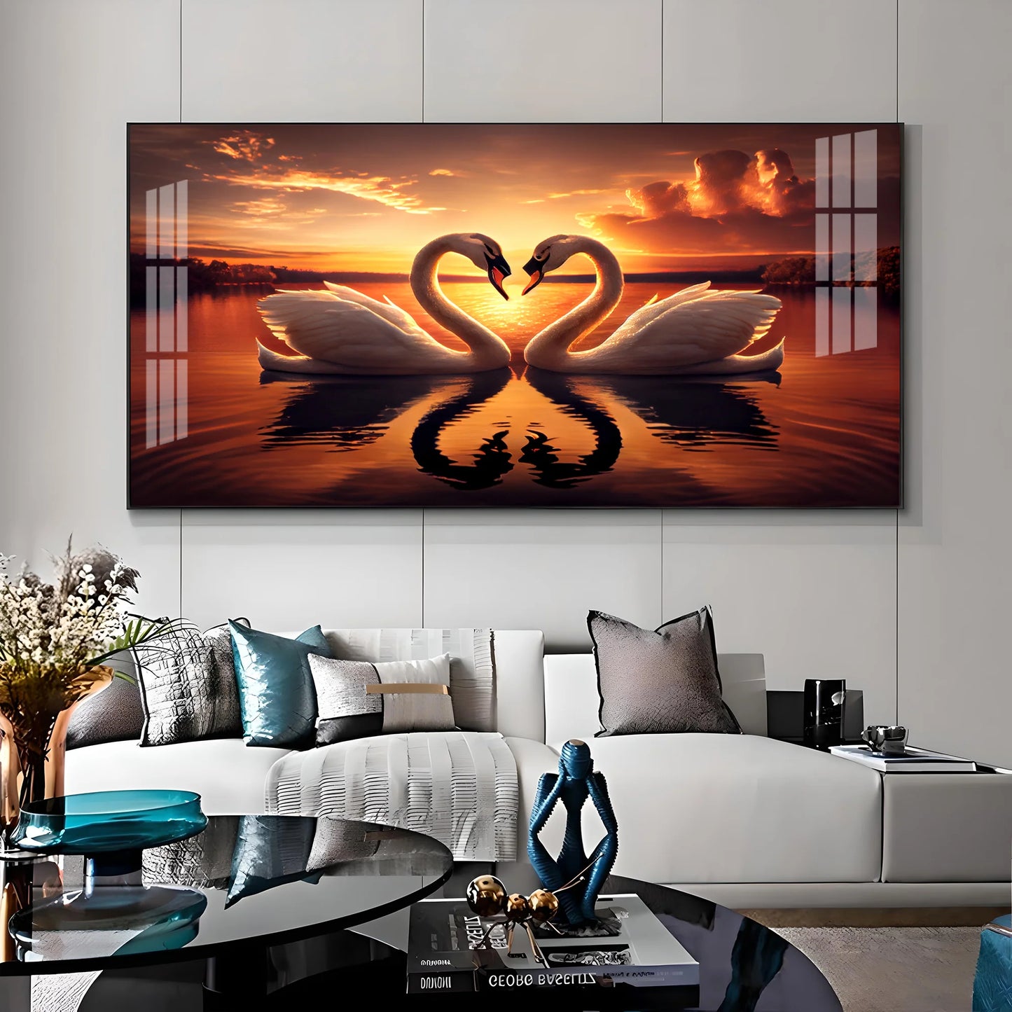 Loving Swan In Sunset Premium Acrylic Horizontal Wall Art