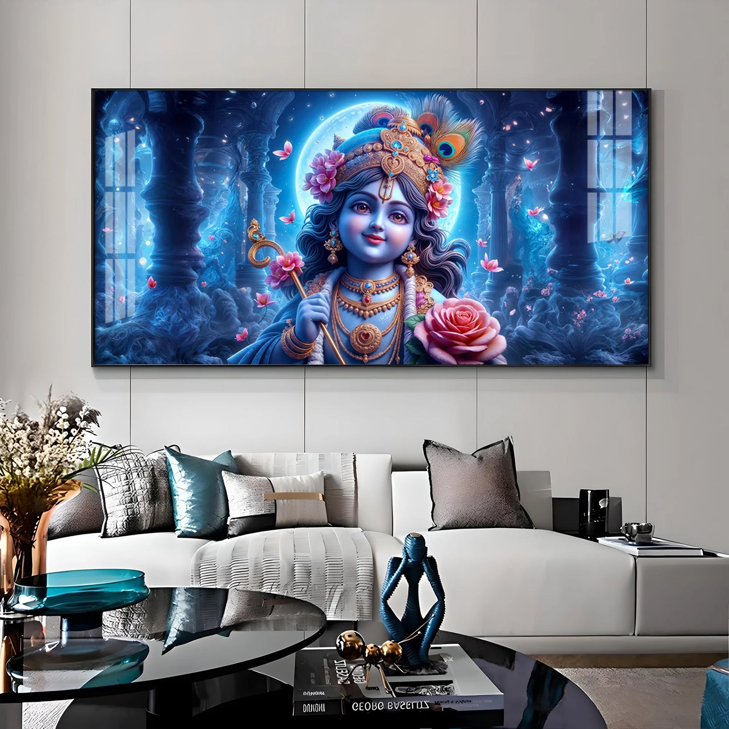 Krishna Elegance With Flower Premium Acrylic Horizontal Wall Art