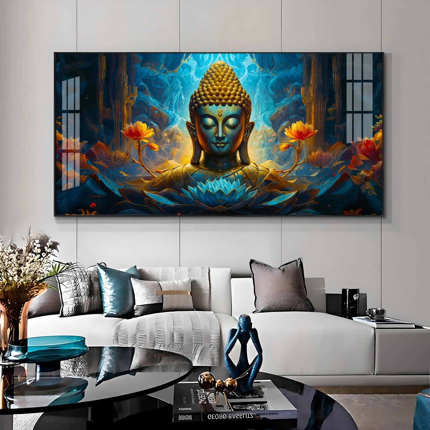 Tranquil Buddha Art In Blue Premium Acrylic Horizontal Wall Art