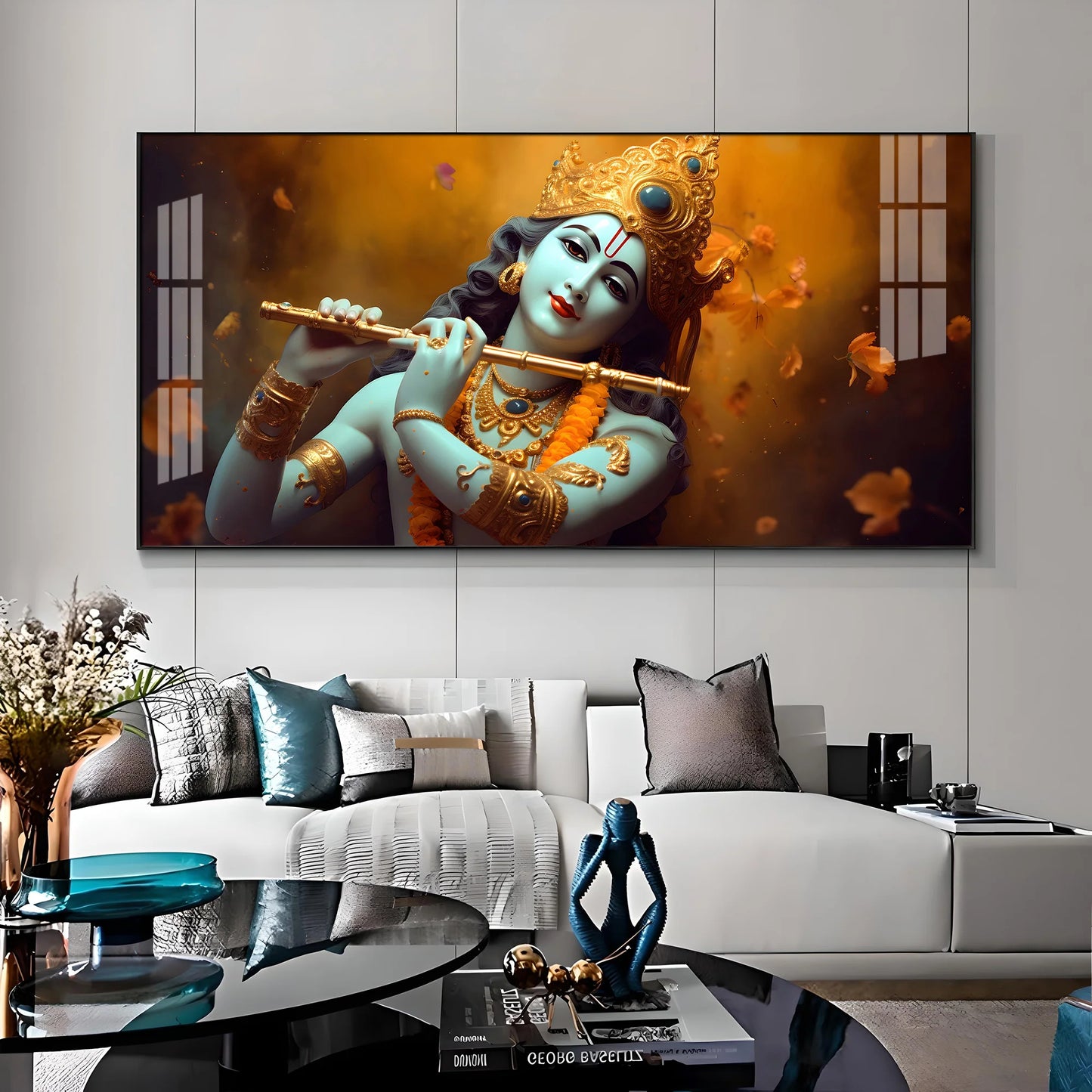 Om Jai Shree Krishna Luxury Crystal Horizontal Wall Art