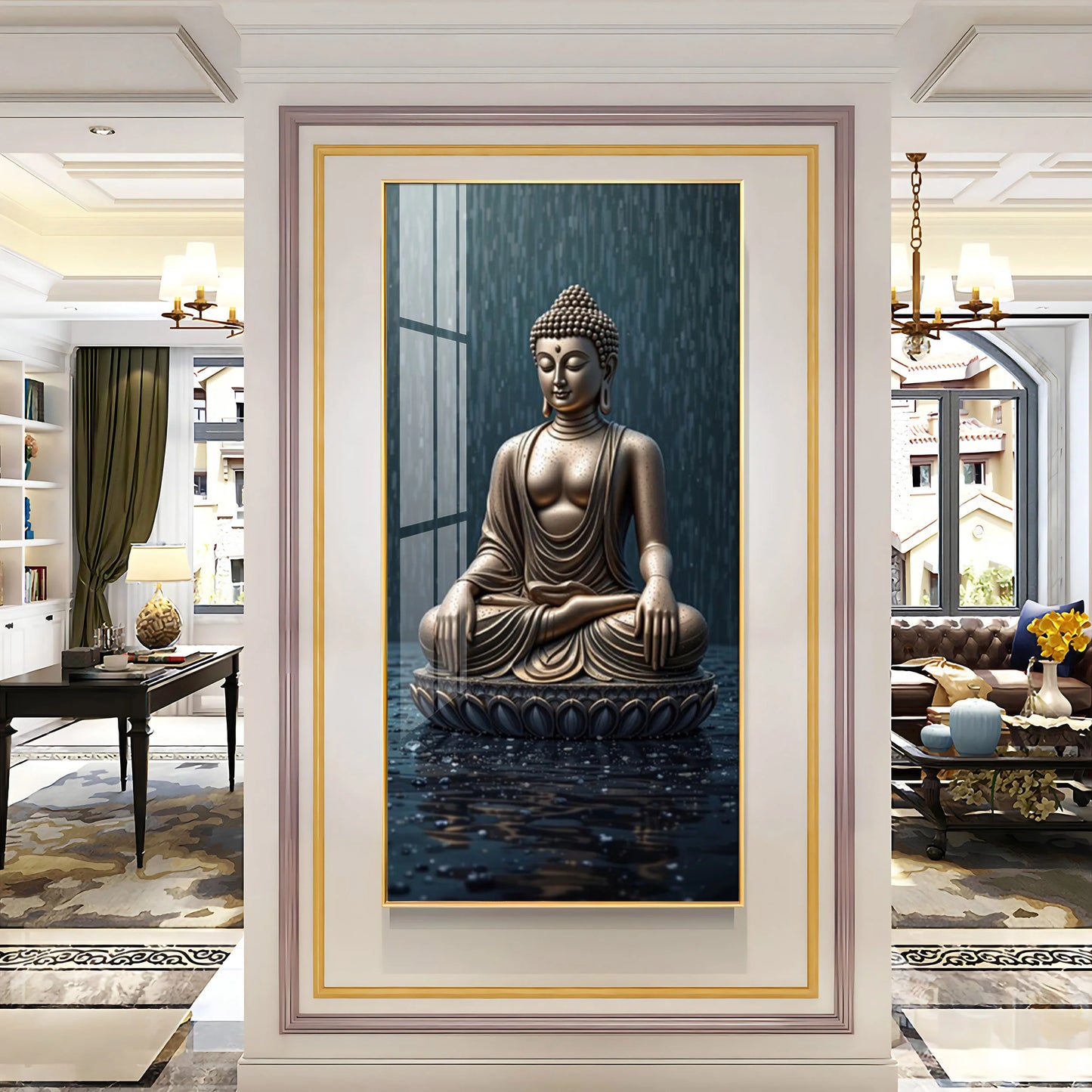 Tranquil Rain Buddha Premium Acrylic Vertical Wall Art