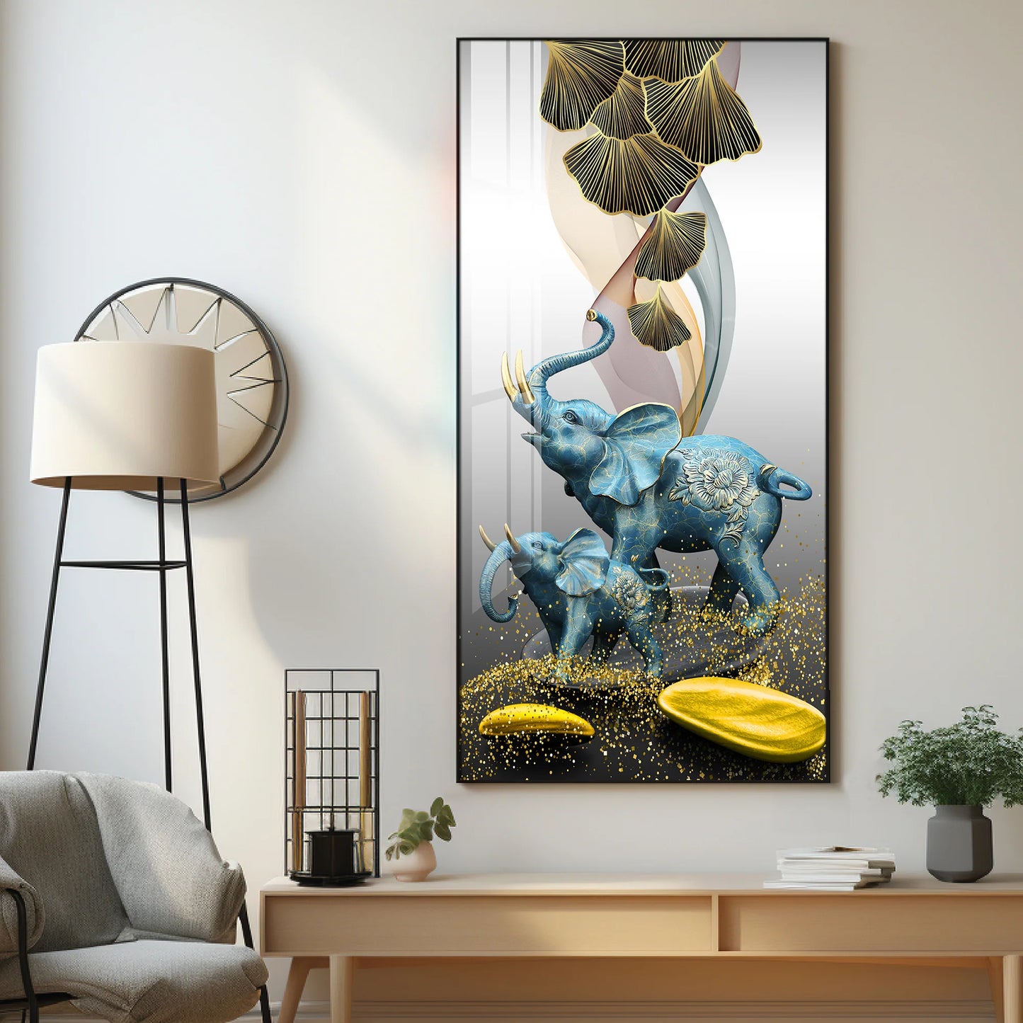 Blue Elephant With Golden Tusk Premium Acrylic Vertical Wall Art