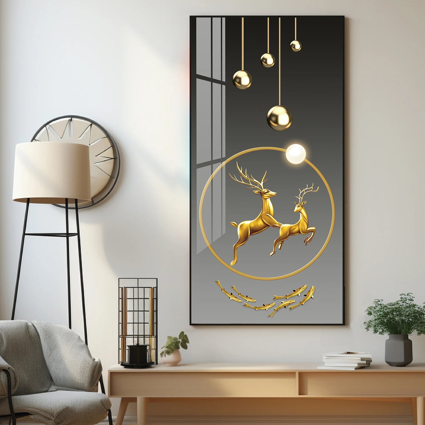 Dancing Golden Reindeer Premium Acrylic Vertical Wall Art