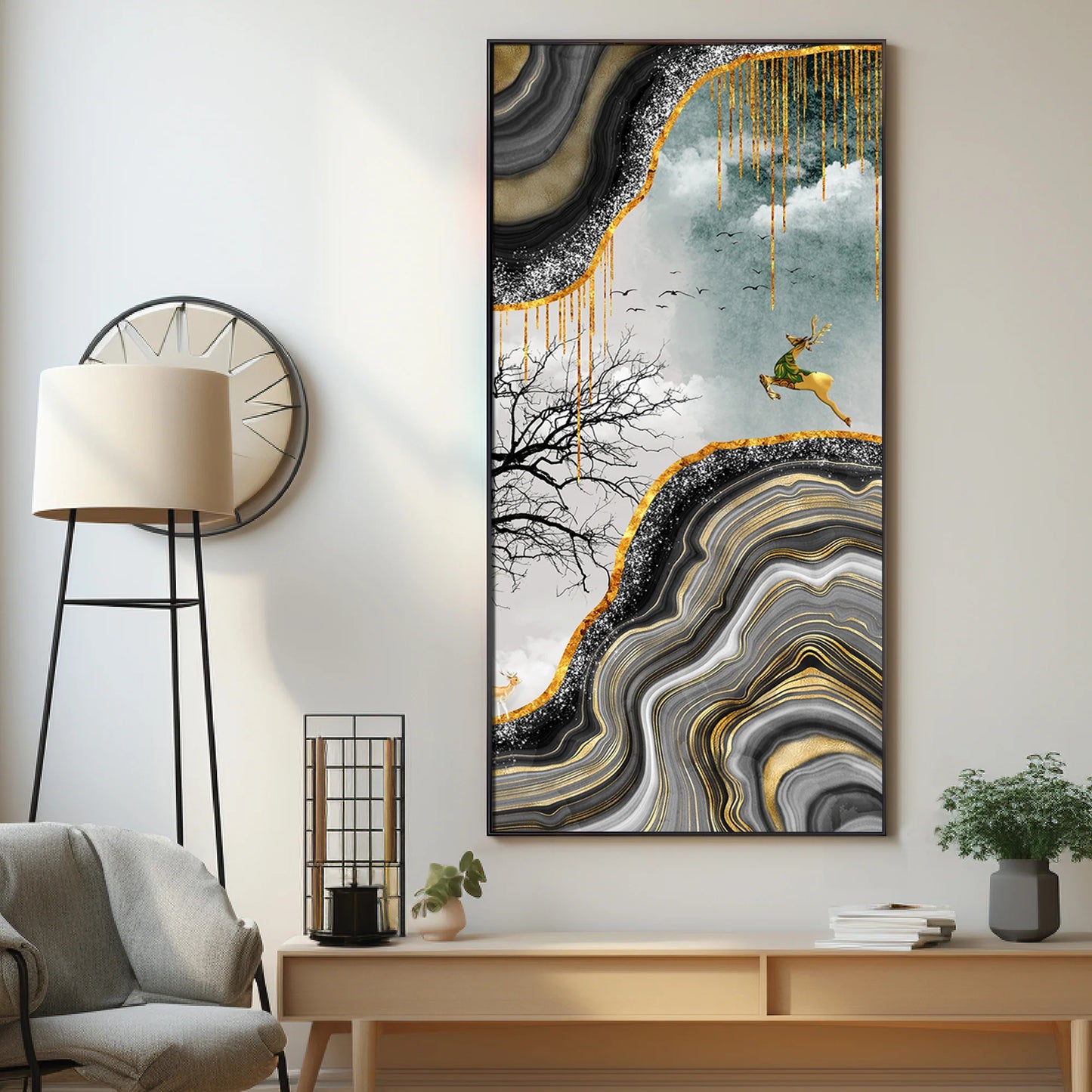 Abstract Golden Art Of Deer Premium Acrylic Vertical Wall Art