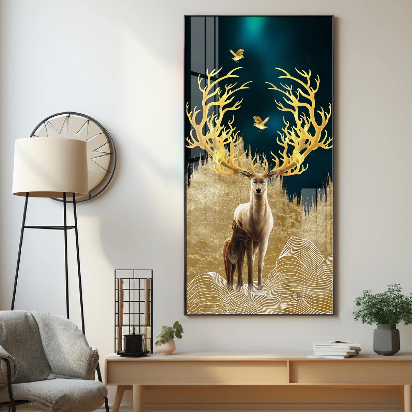 Deer With Golden Antlers Premium Acrylic Vertical Wall Art