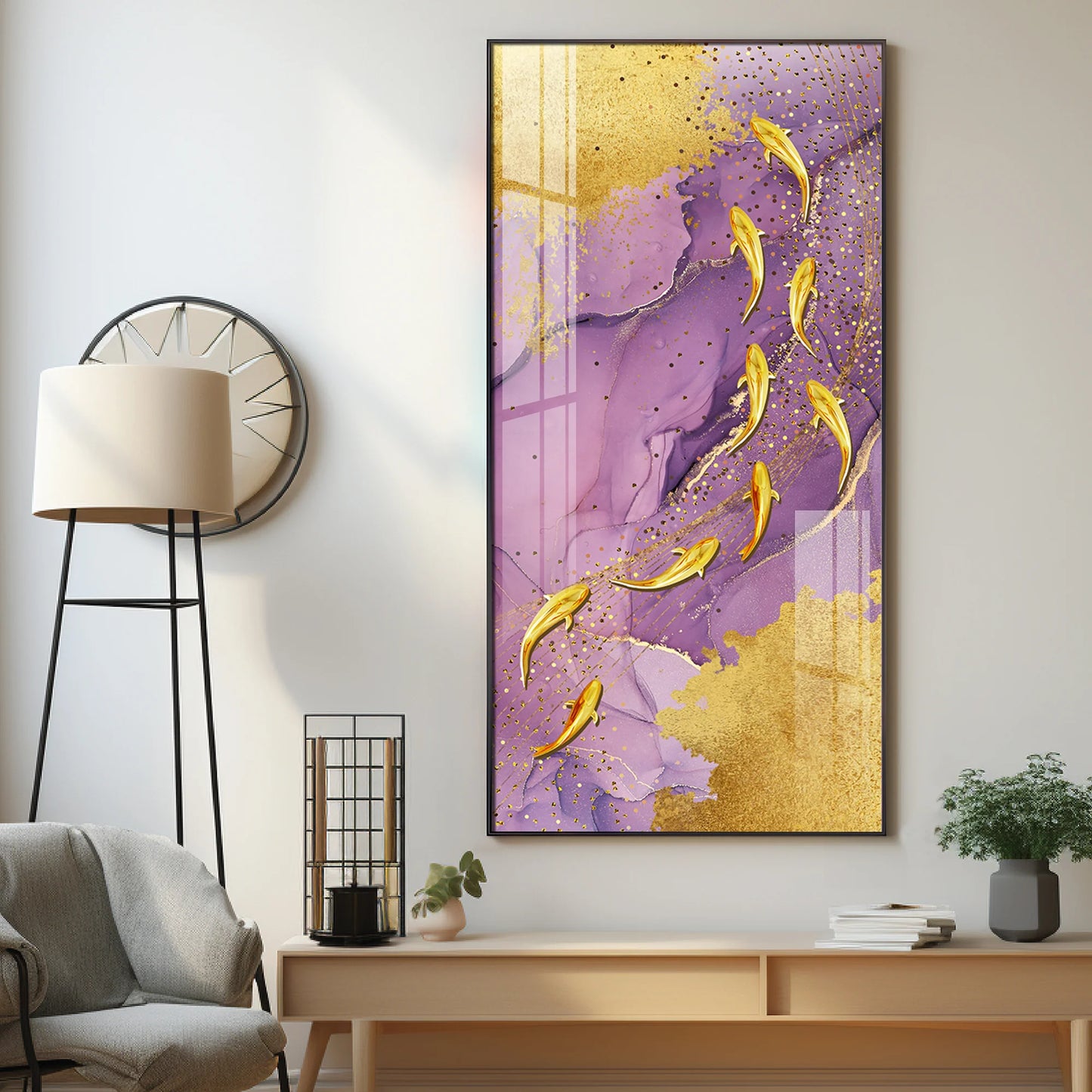 Purple Textured Golden Fish Premium Acrylic Vertical Wall Art