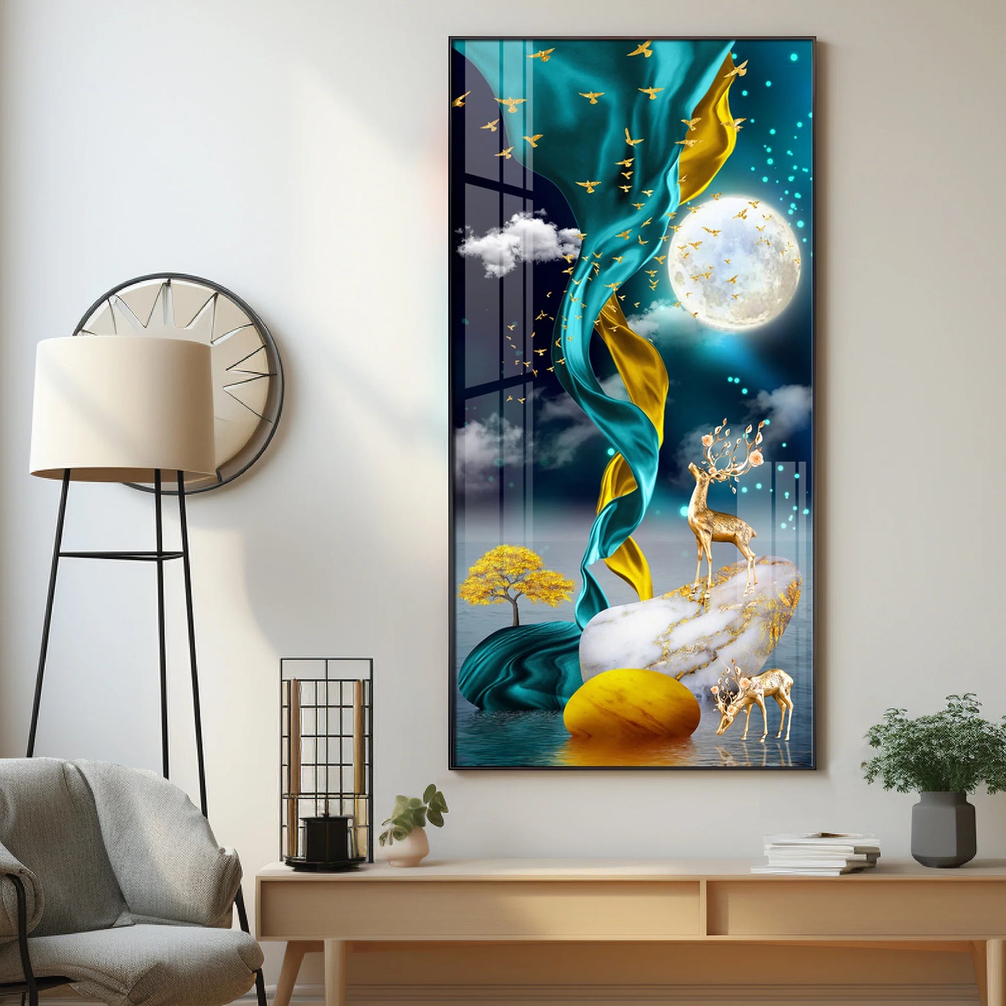 Deers With Full Moon Premium Acrylic Vertical Wall Art