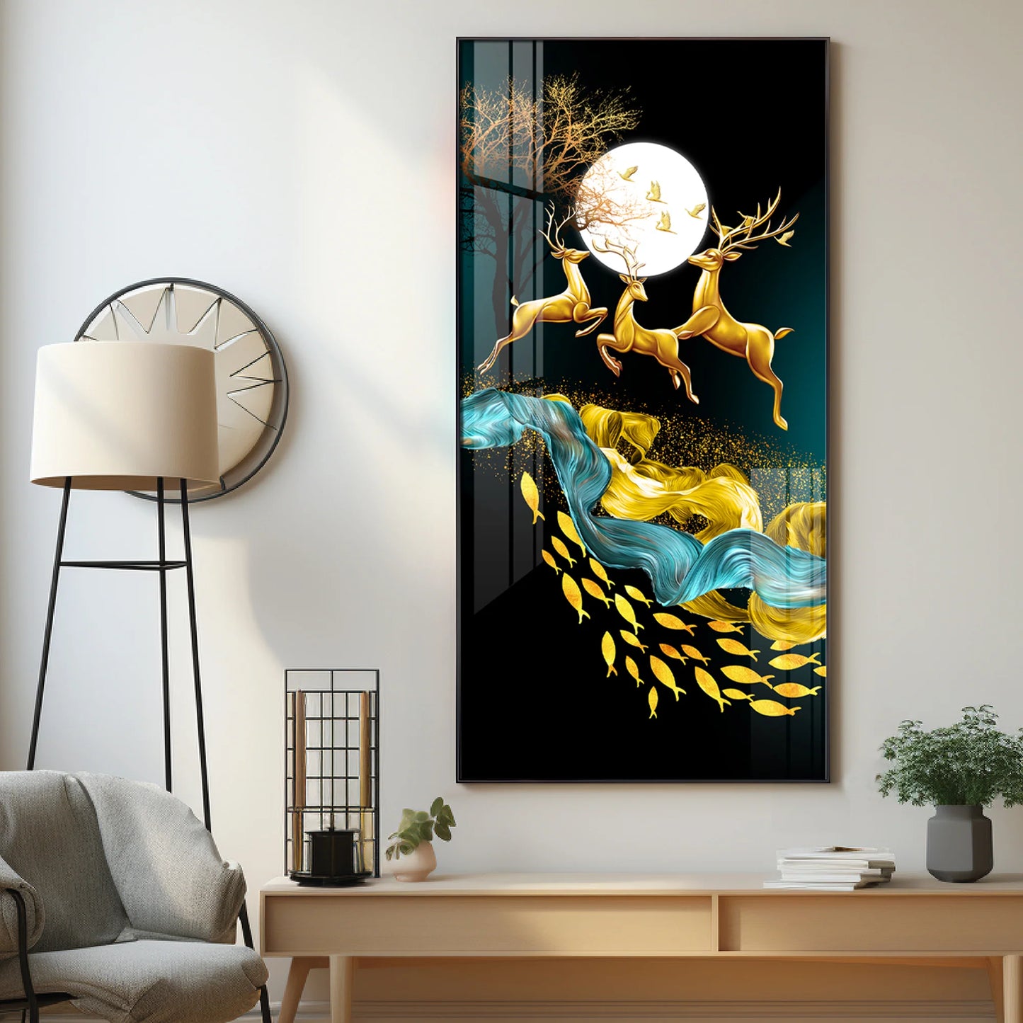 Jolly Deers With Koi Fish Premium Acrylic Vertical Wall Art