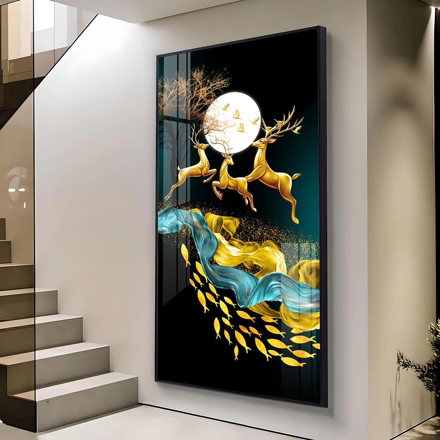 Jolly Deers With Koi Fish Premium Acrylic Vertical Wall Art