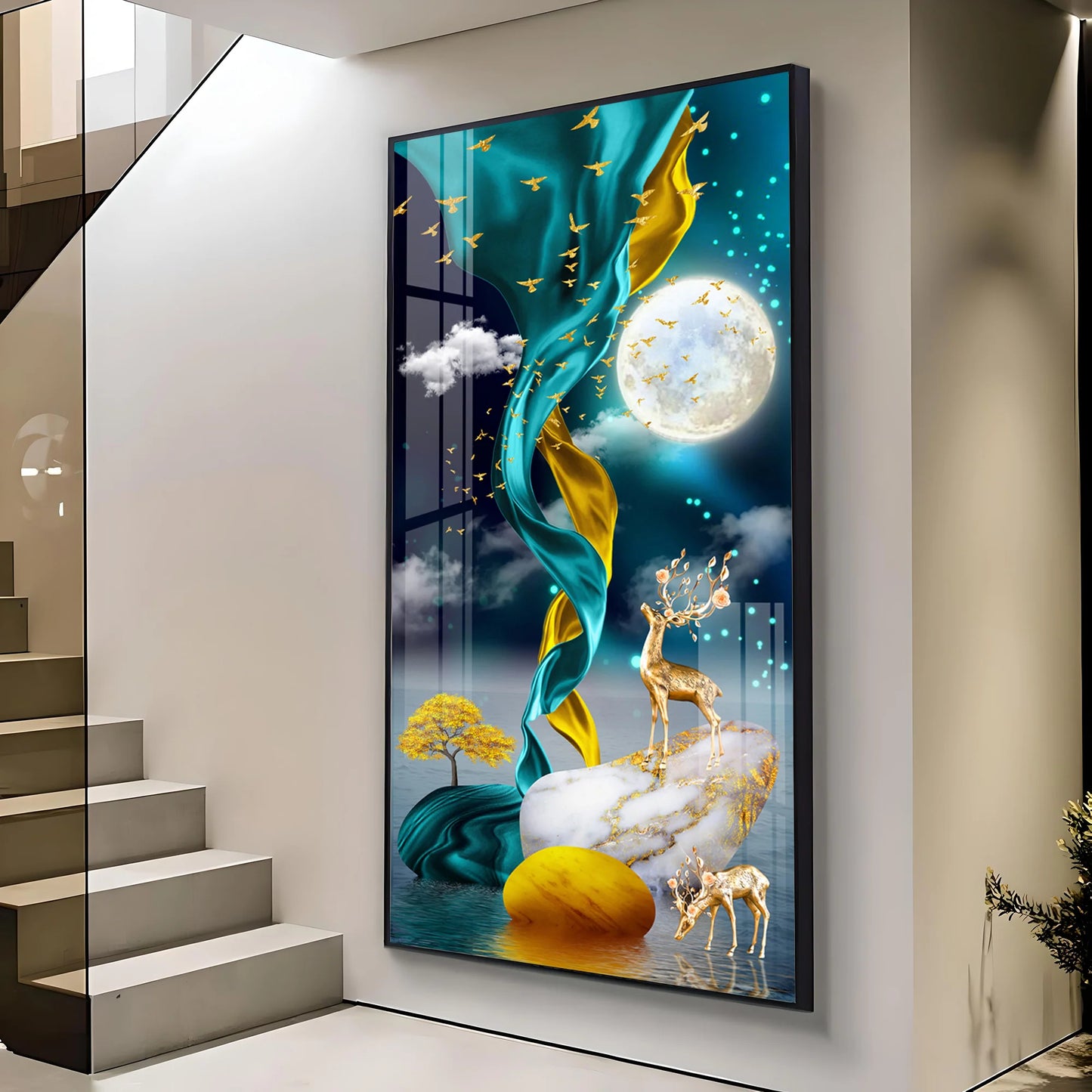 Deers With Full Moon Premium Acrylic Vertical Wall Art
