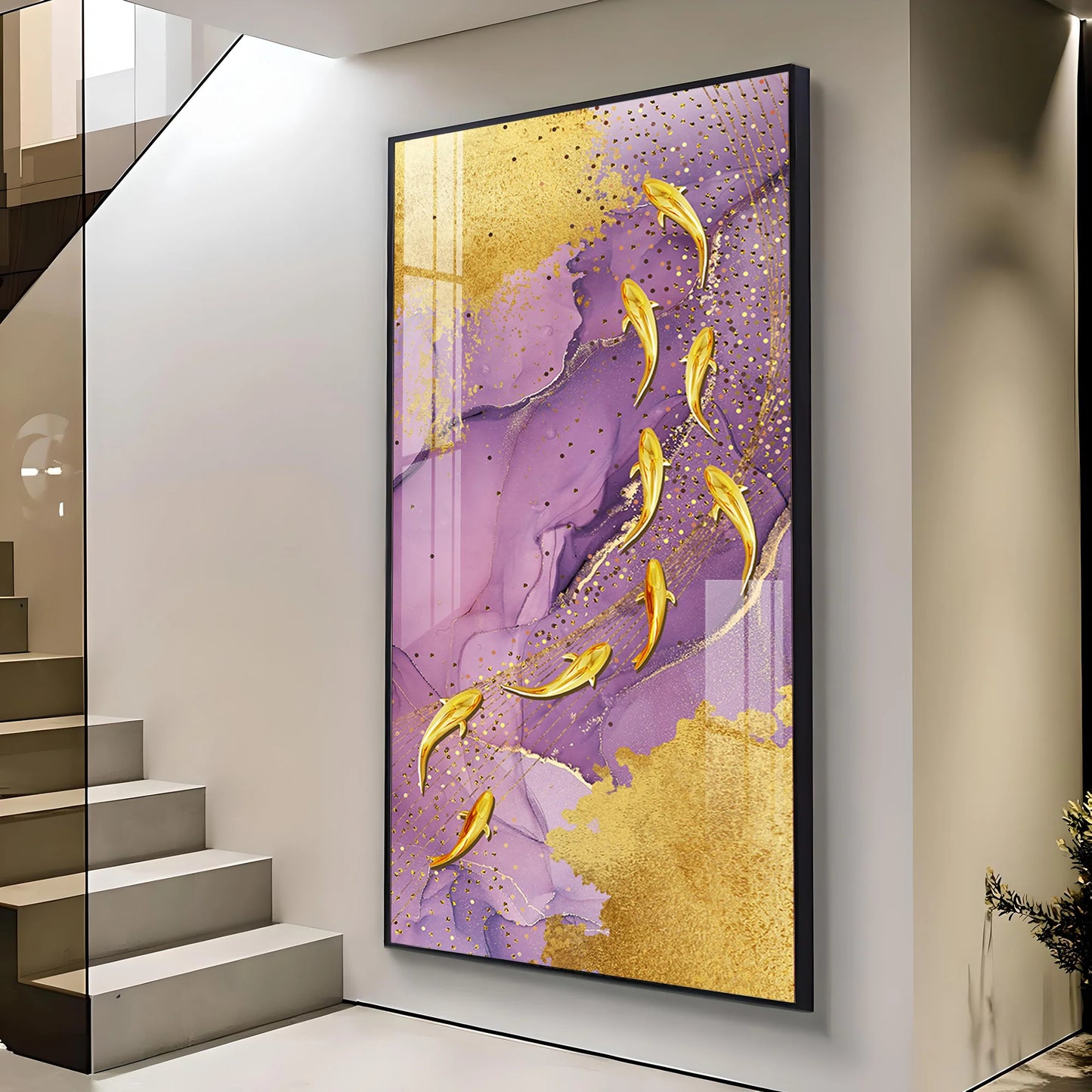 Purple Textured Golden Fish Premium Acrylic Vertical Wall Art