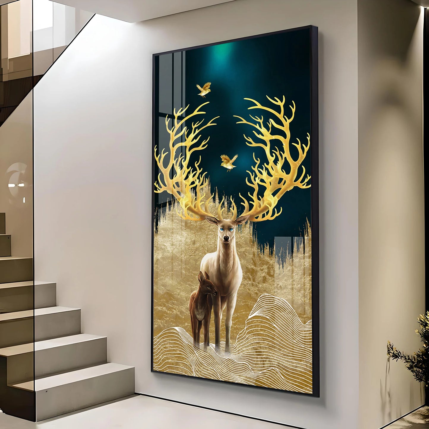 Deer With Golden Antlers Premium Acrylic Vertical Wall Art