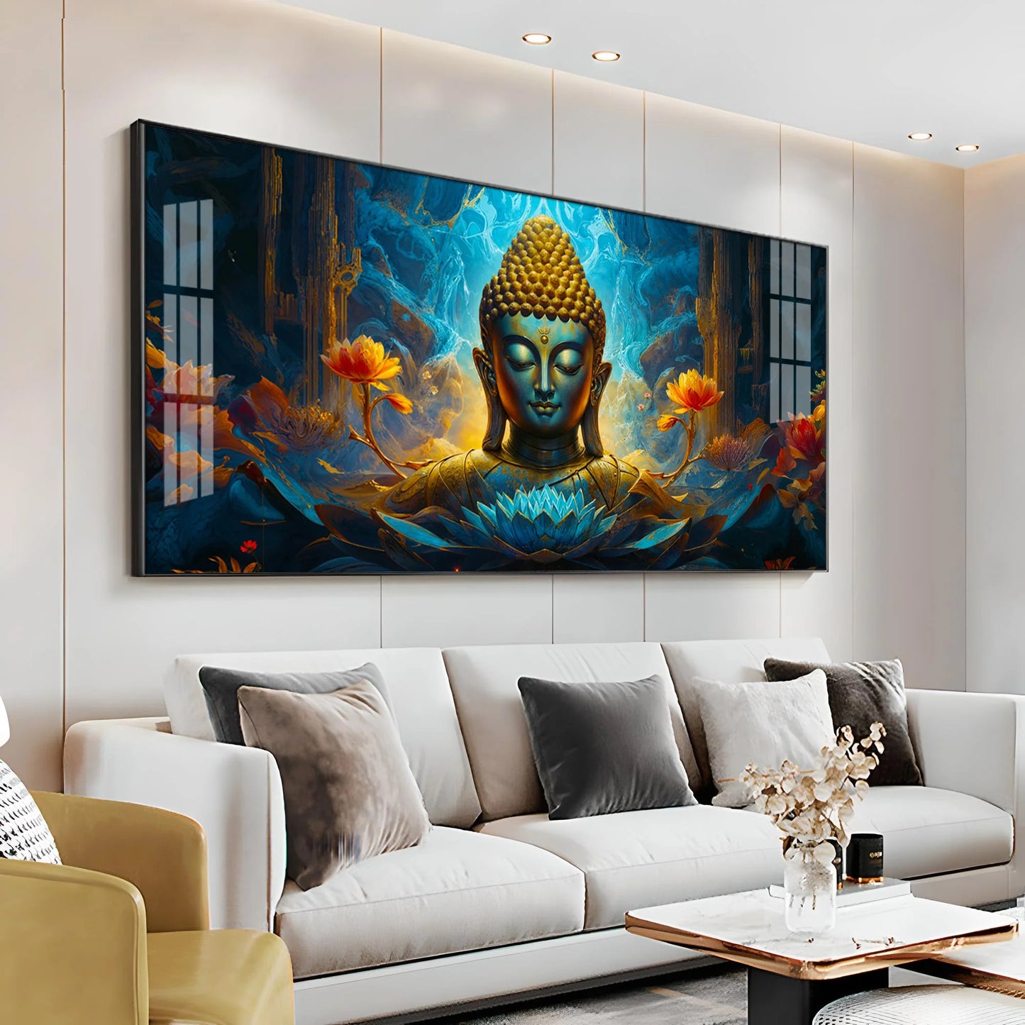 Tranquil Buddha Art In Blue Premium Acrylic Horizontal Wall Art