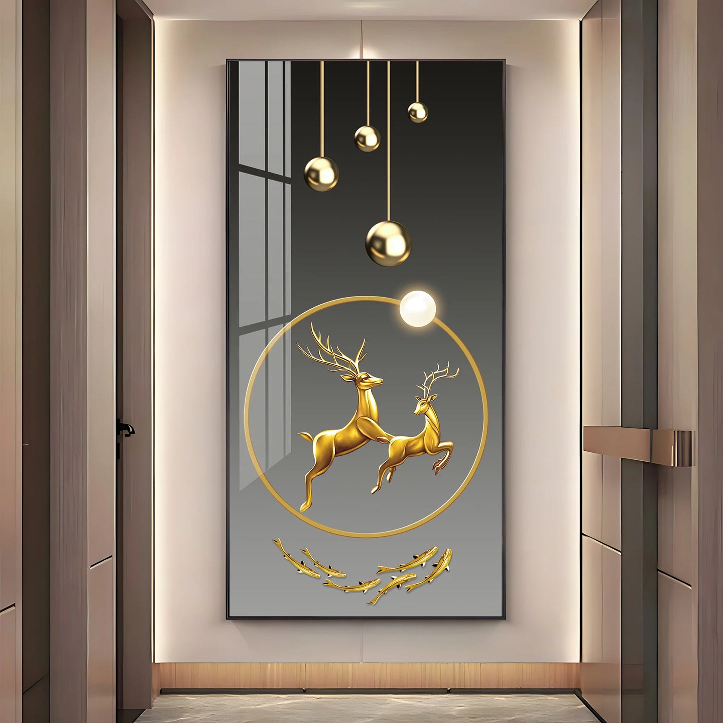Dancing Golden Reindeer Premium Acrylic Vertical Wall Art