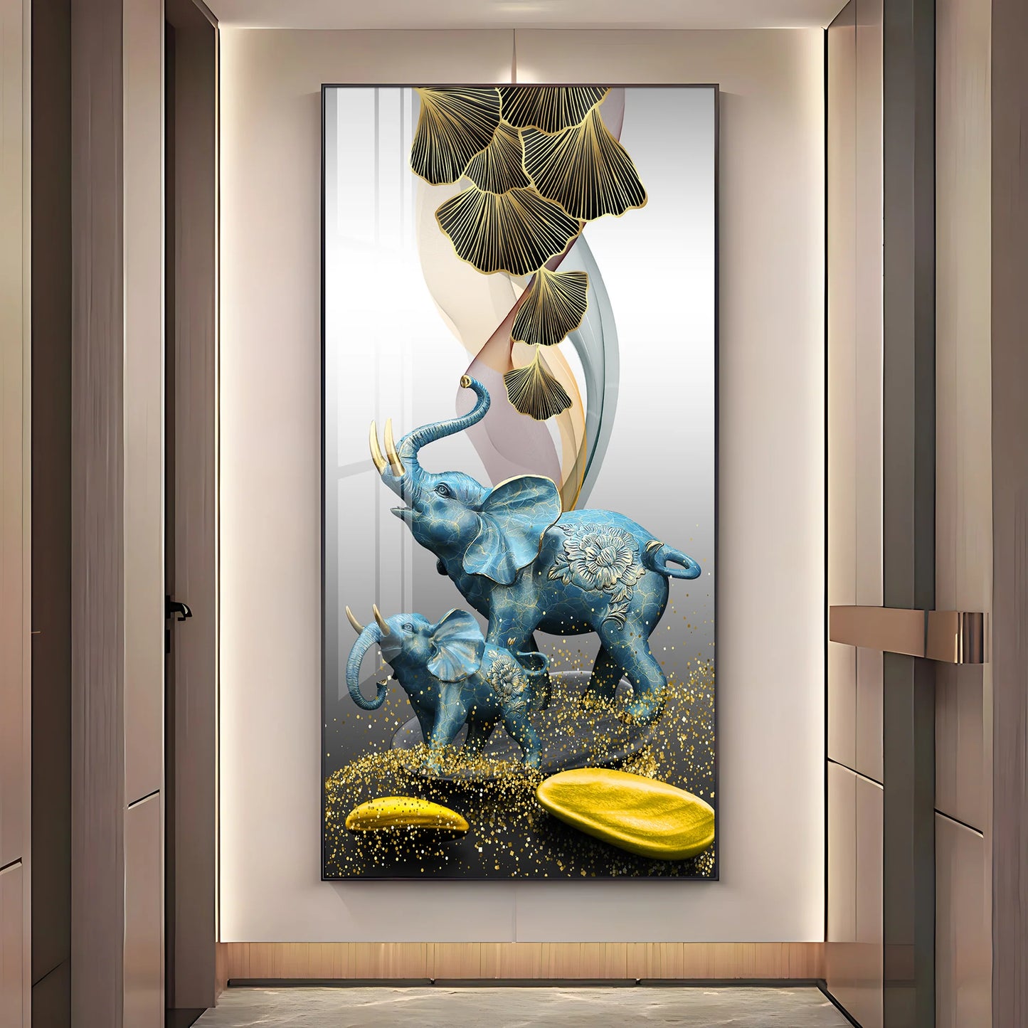 Blue Elephant With Golden Tusk Premium Acrylic Vertical Wall Art