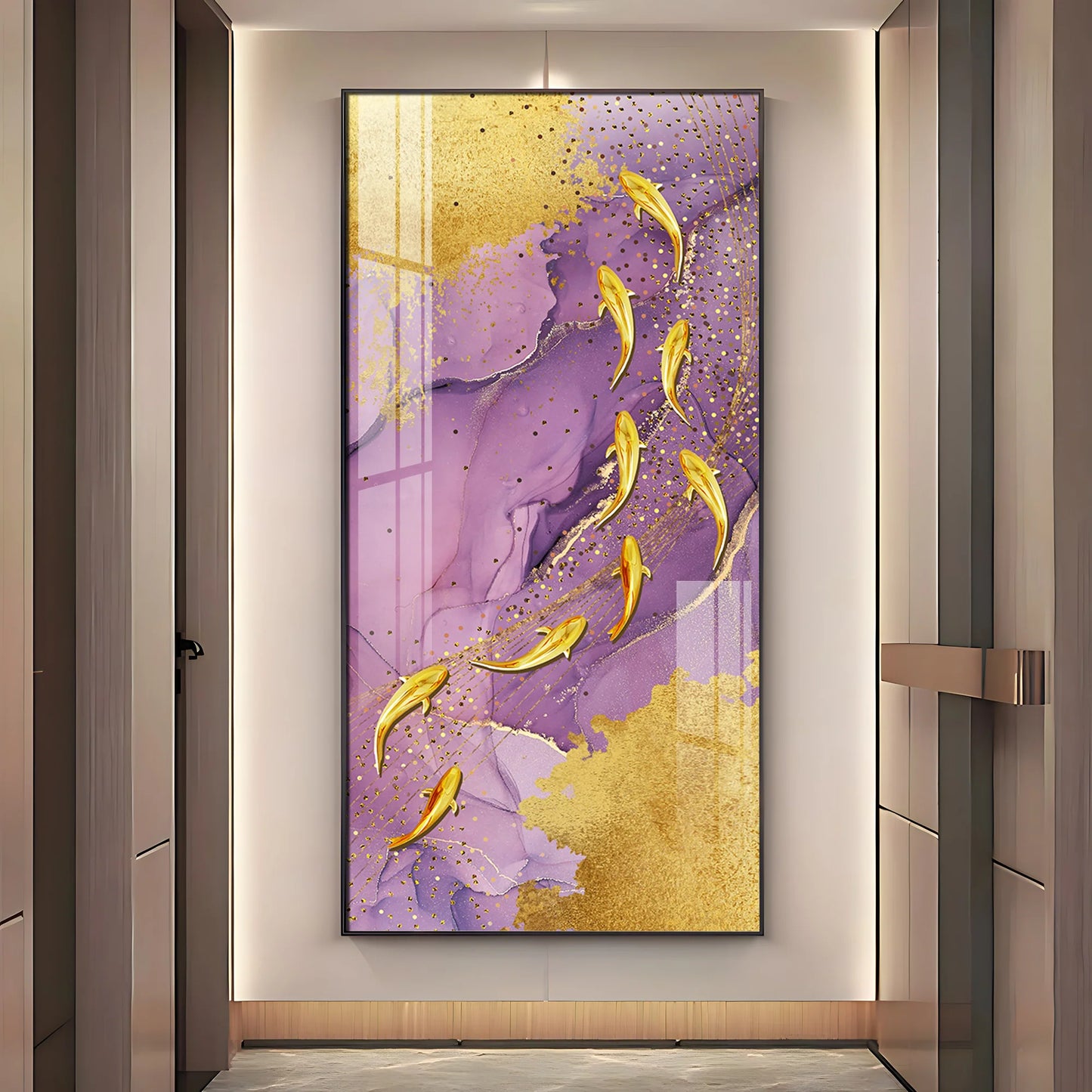 Purple Textured Golden Fish Premium Acrylic Vertical Wall Art