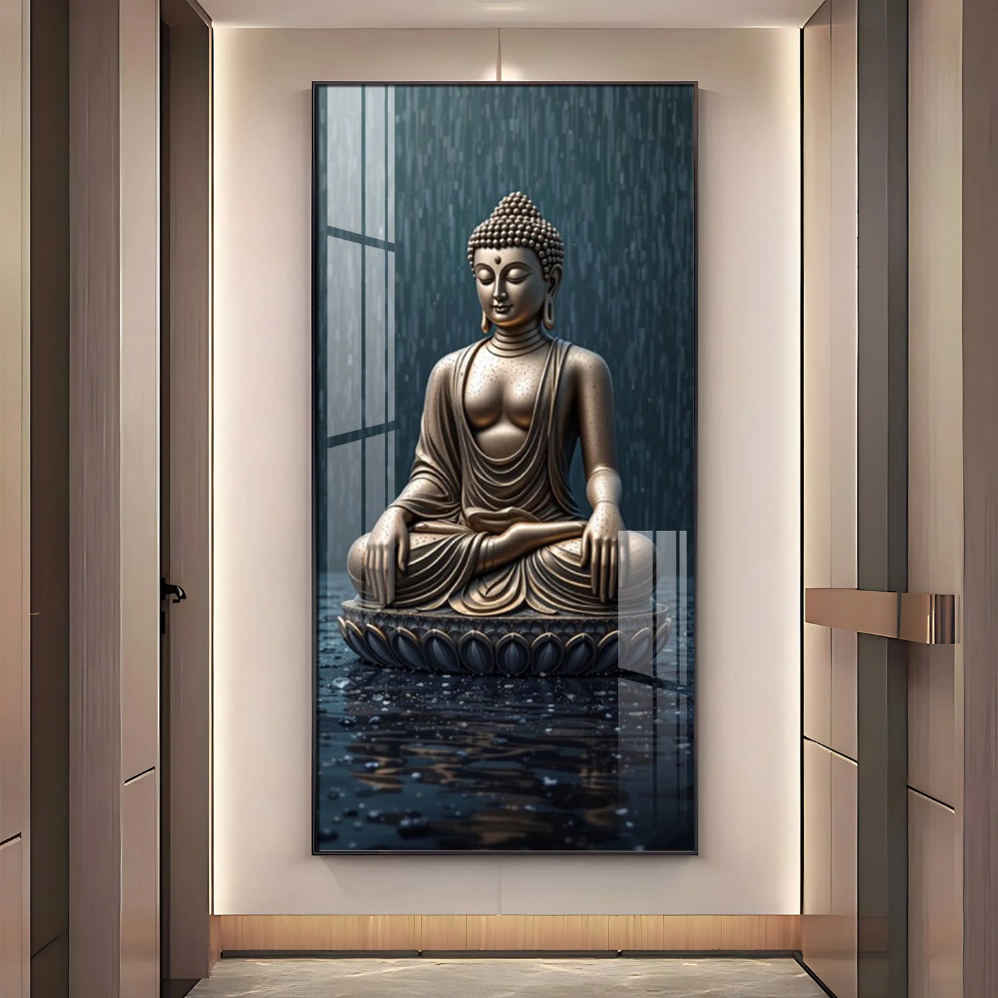 Tranquil Rain Buddha Premium Acrylic Vertical Wall Art
