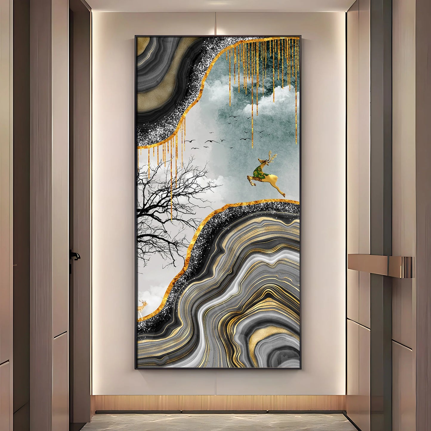 Abstract Golden Art Of Deer Premium Acrylic Vertical Wall Art