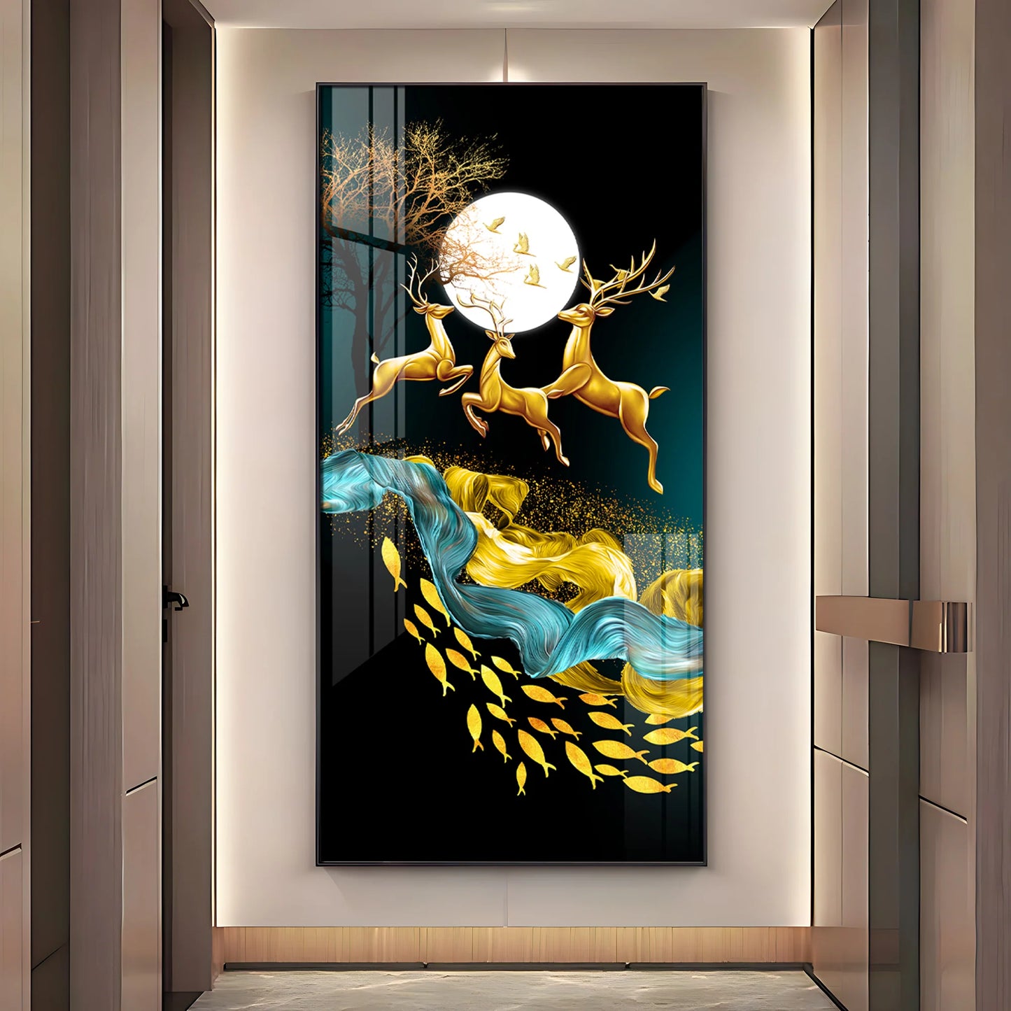 Jolly Deers With Koi Fish Premium Acrylic Vertical Wall Art