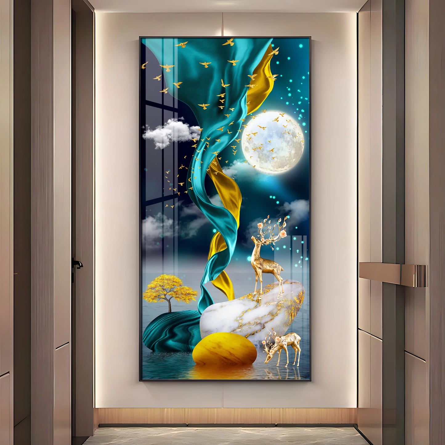Deers With Full Moon Premium Acrylic Vertical Wall Art