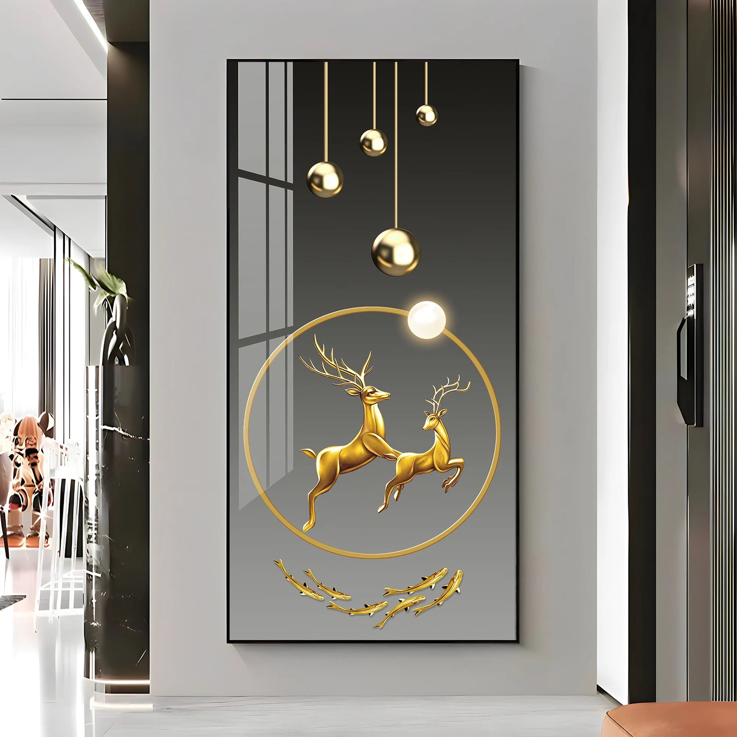 Dancing Golden Reindeer Premium Acrylic Vertical Wall Art