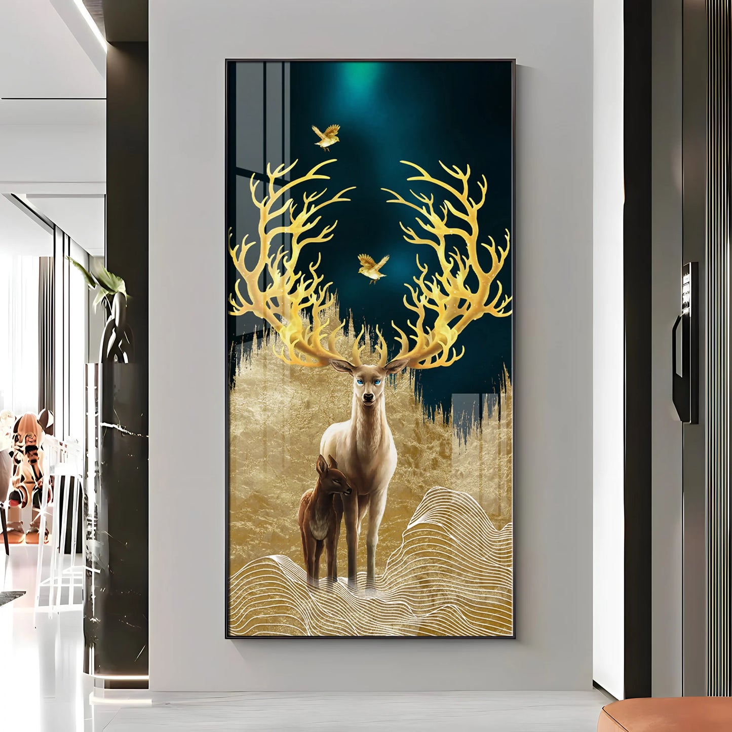 Deer With Golden Antlers Premium Acrylic Vertical Wall Art