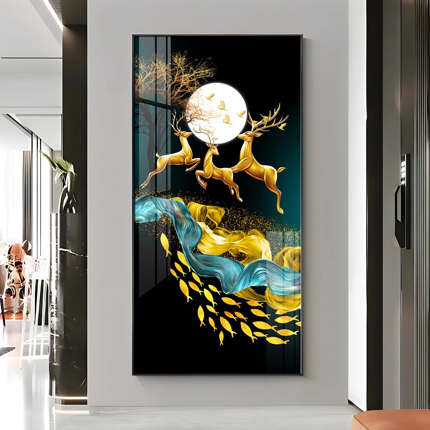 Jolly Deers With Koi Fish Premium Acrylic Vertical Wall Art