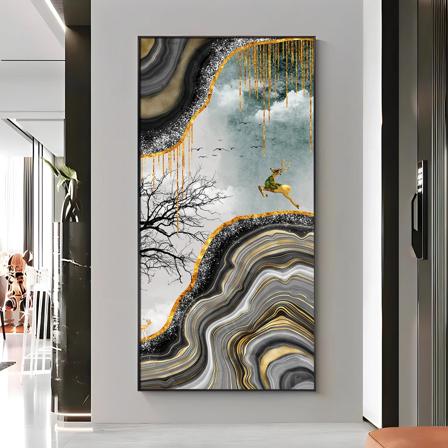 Abstract Golden Art Of Deer Premium Acrylic Vertical Wall Art