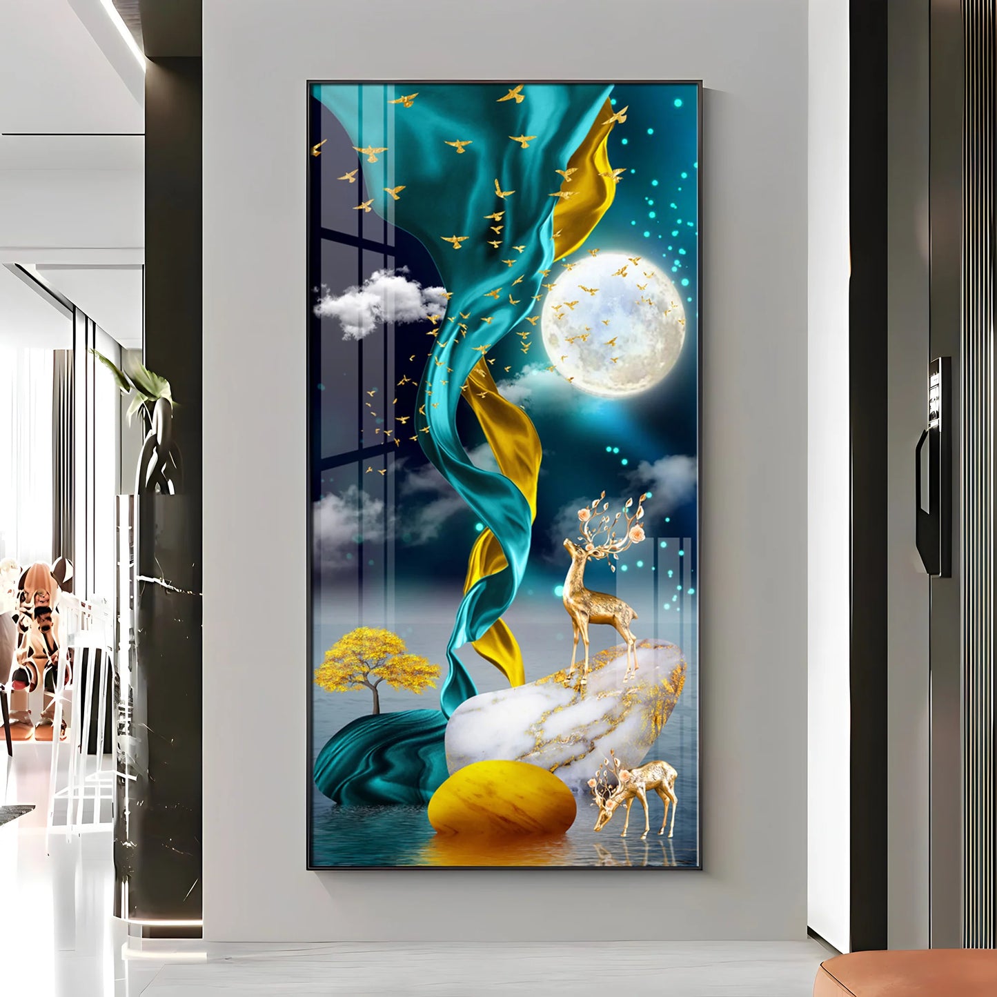 Deers With Full Moon Premium Acrylic Vertical Wall Art