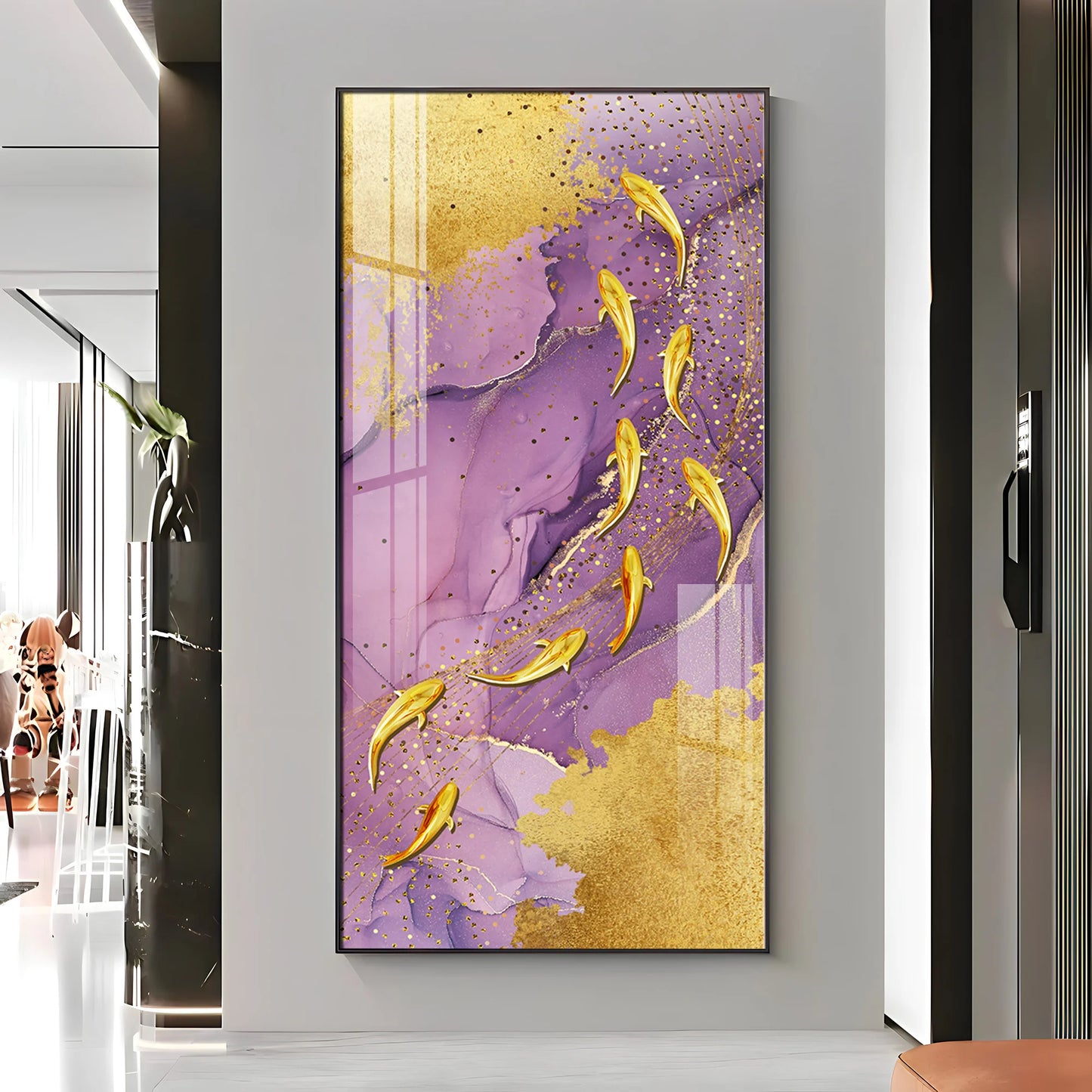 Purple Textured Golden Fish Premium Acrylic Vertical Wall Art