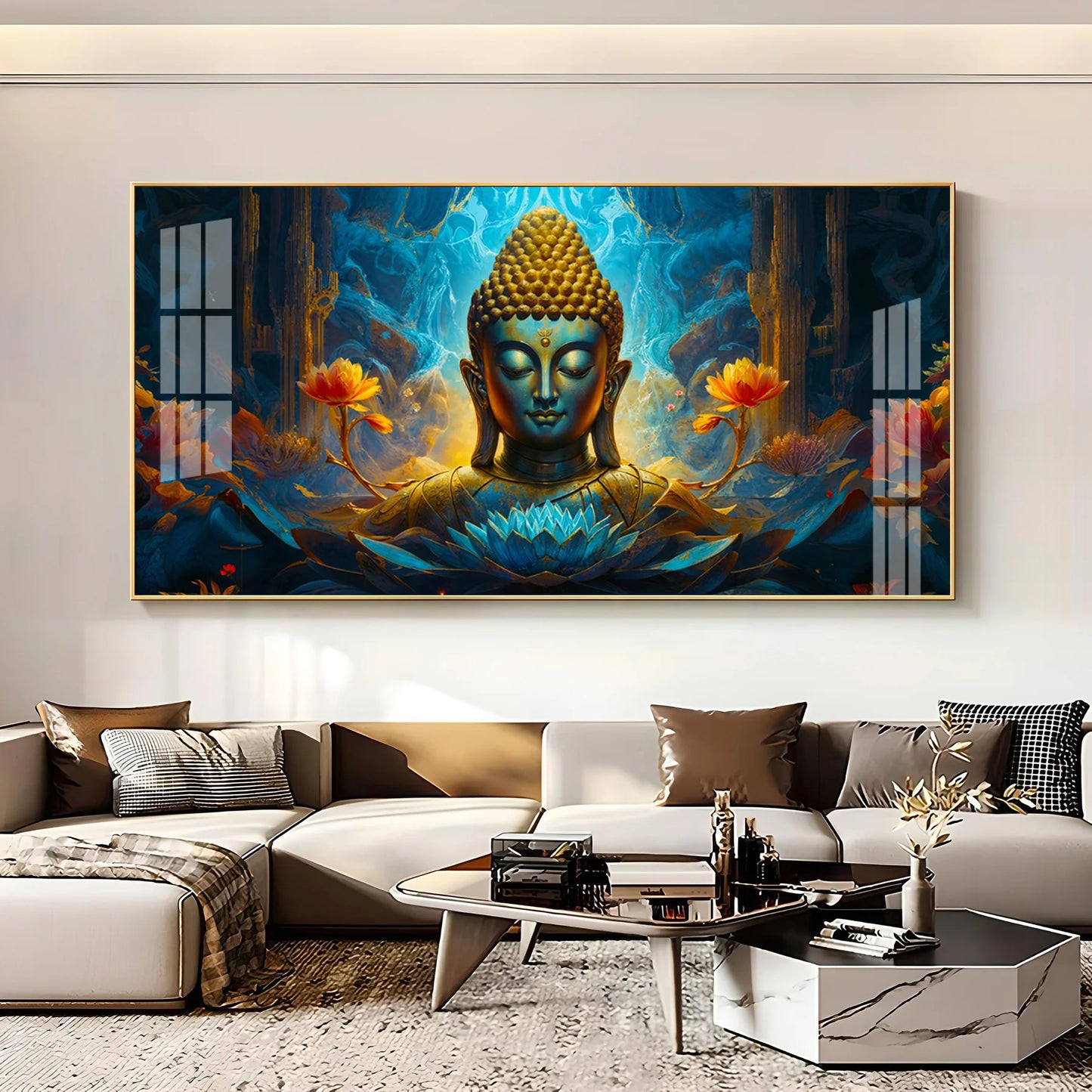 Tranquil Buddha Art In Blue Premium Acrylic Horizontal Wall Art