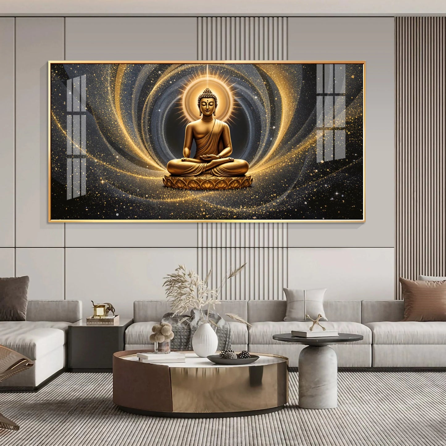 Golden Wave Buddha Reflection Premium Acrylic Horizontal Wall Art