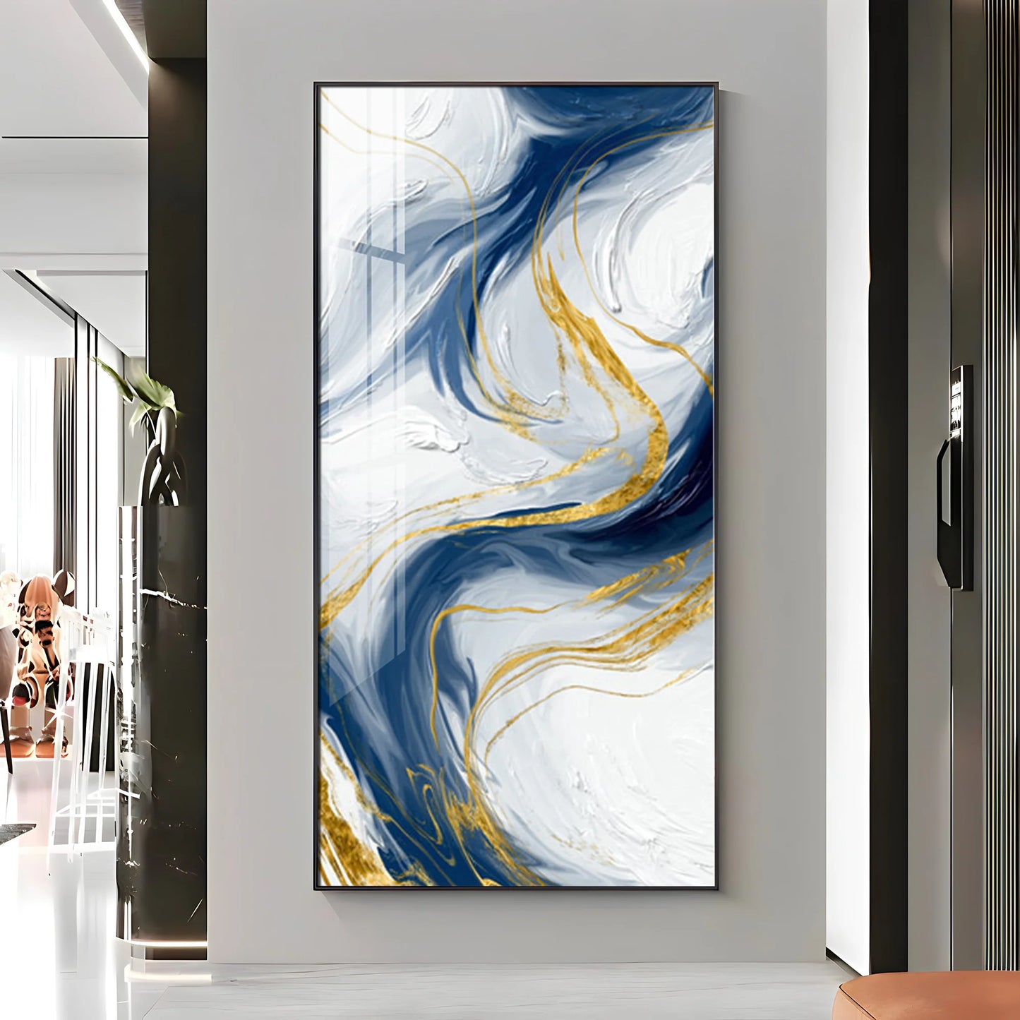 Abstract Blue Gold waves Premium Acrylic Vertical Wall Art