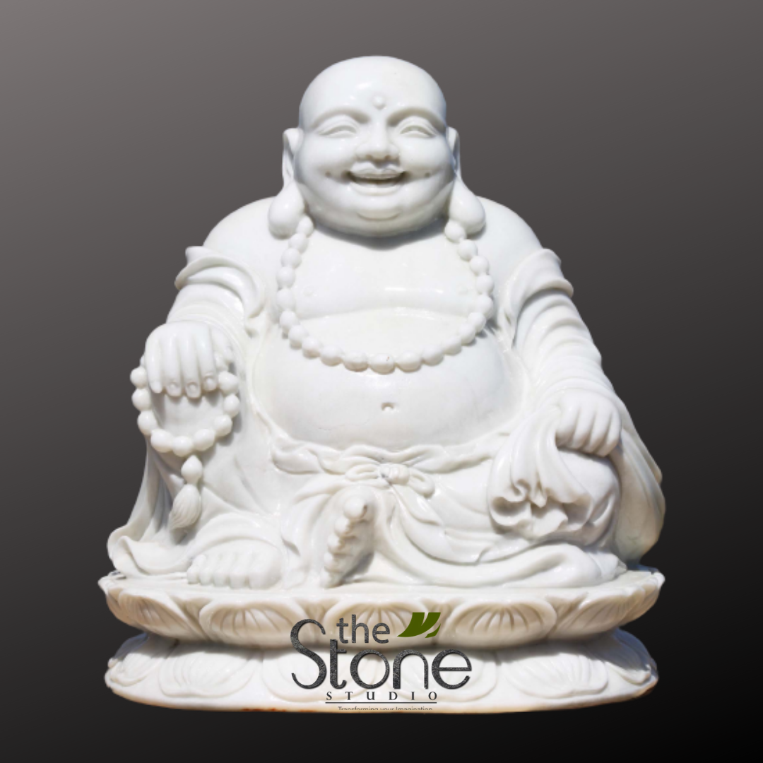 Laughing Buddha Statue in White Marble 2′