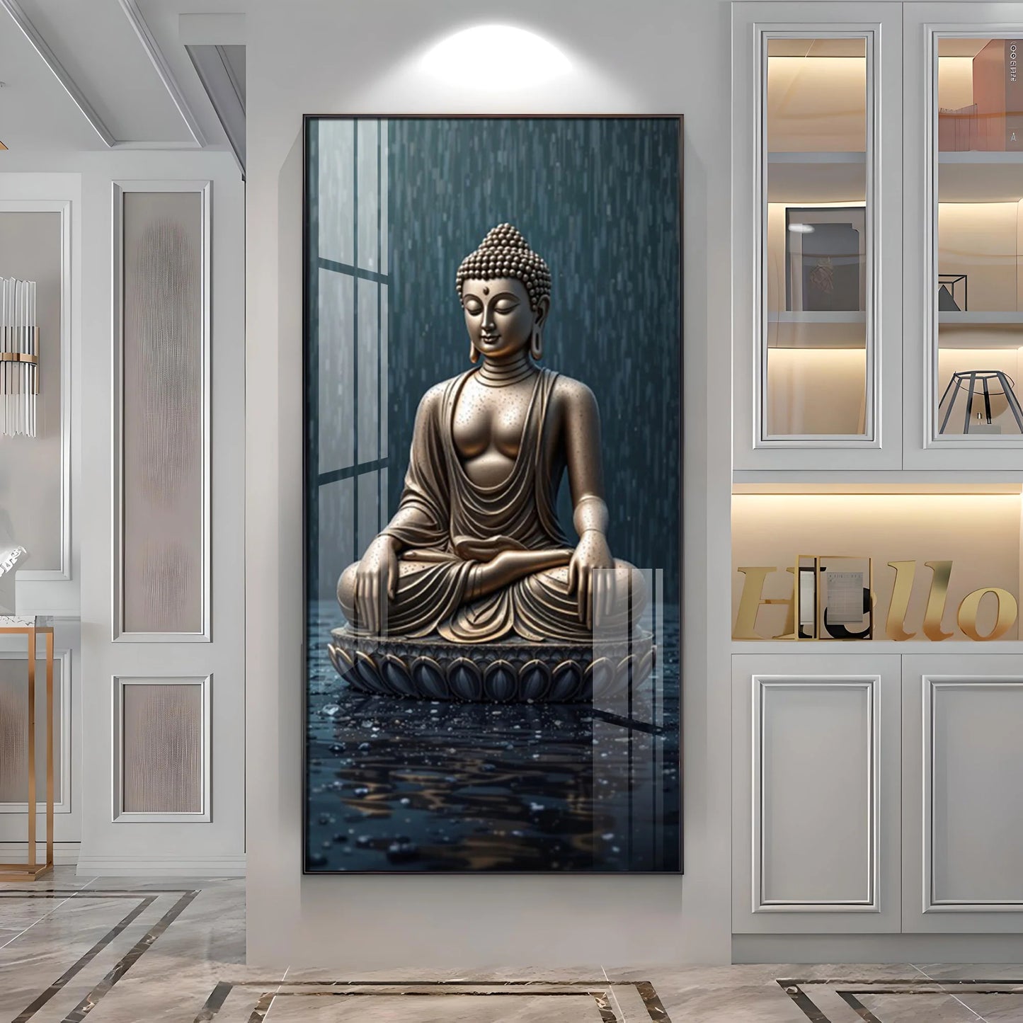Tranquil Rain Buddha Premium Acrylic Vertical Wall Art