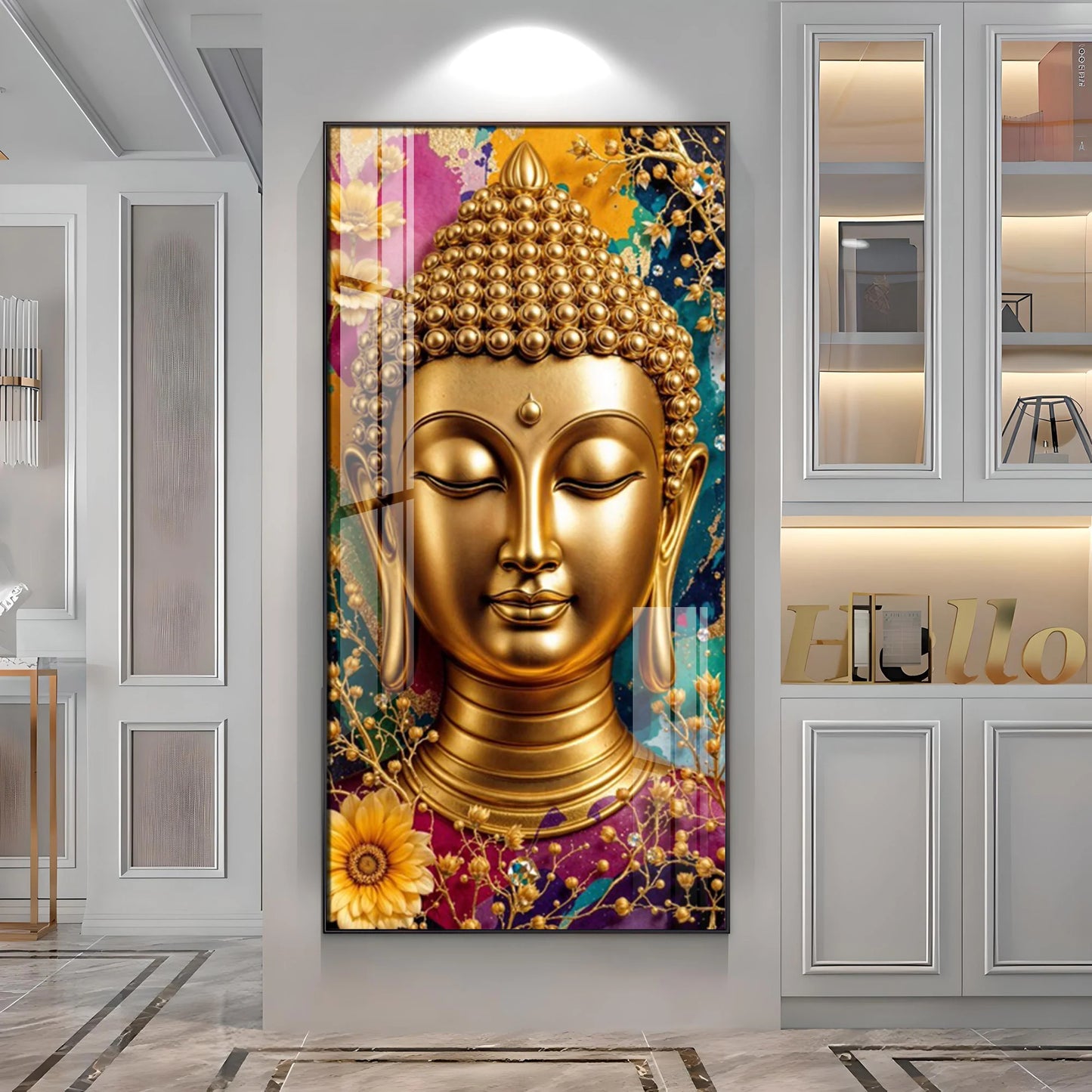 Golden Portrayal Of Buddha Premium Acrylic Vertical Wall Art