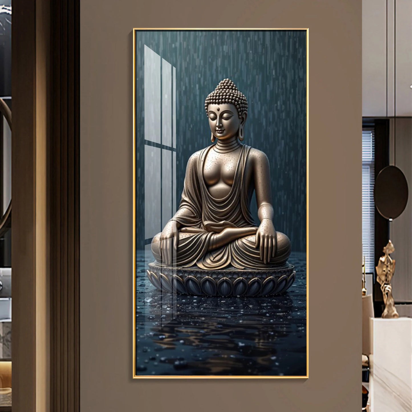 Tranquil Rain Buddha Premium Acrylic Vertical Wall Art