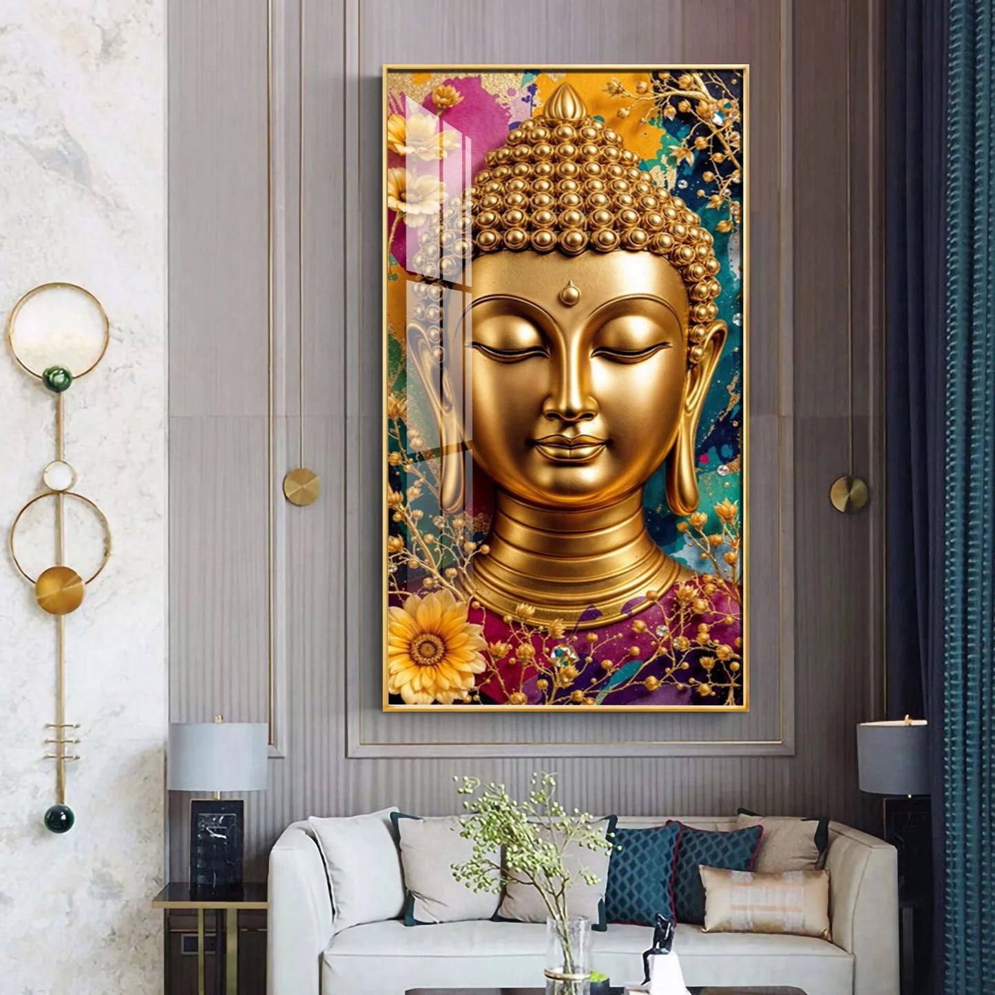 Golden Portrayal Of Buddha Premium Acrylic Vertical Wall Art