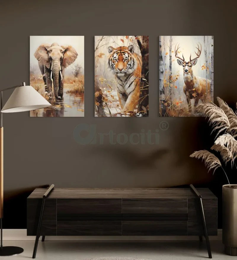 3-Piece Elephant, Deer, and Tiger Jungle Canvas Set
