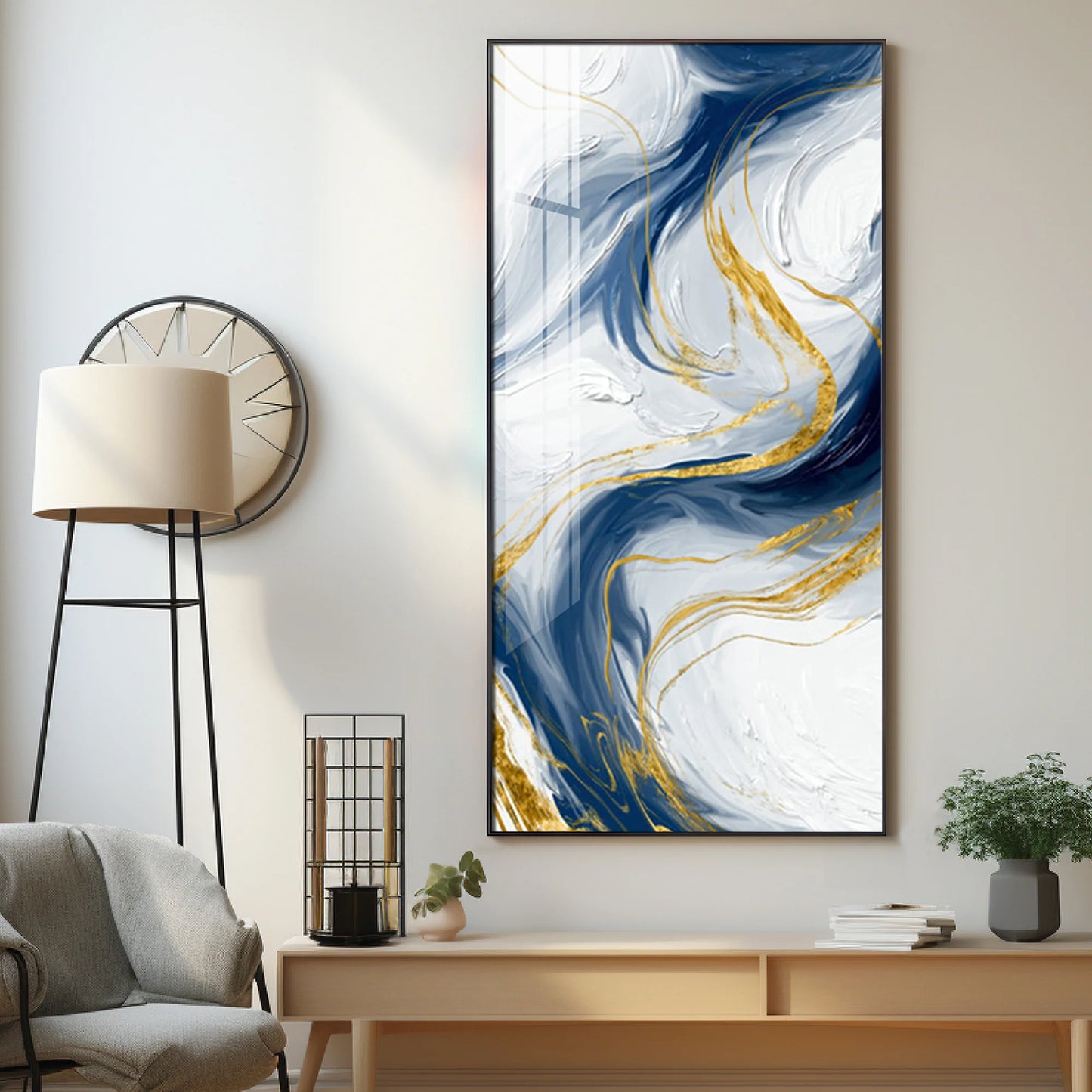 Abstract Blue Gold waves Premium Acrylic Vertical Wall Art