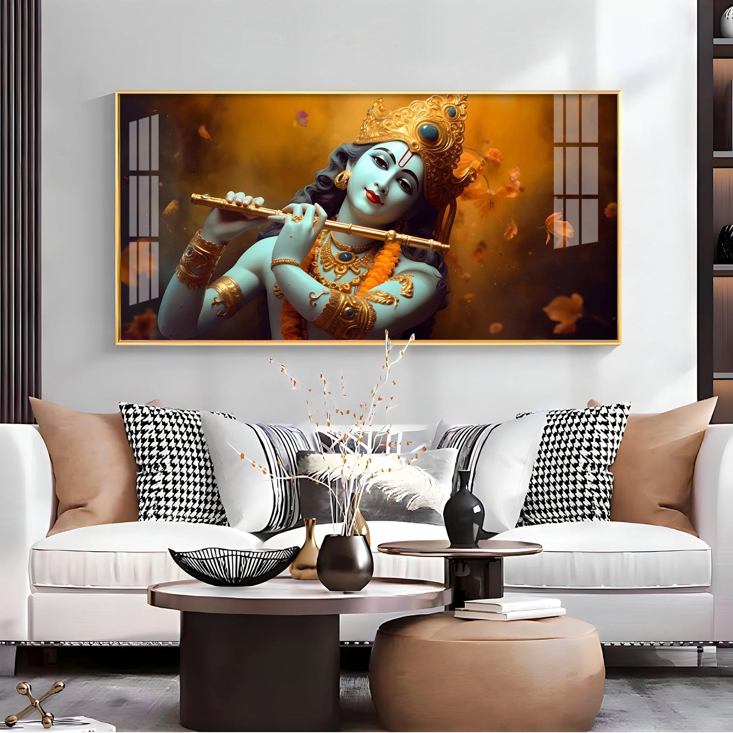 Om Jai Shree Krishna Luxury Crystal Horizontal Wall Art