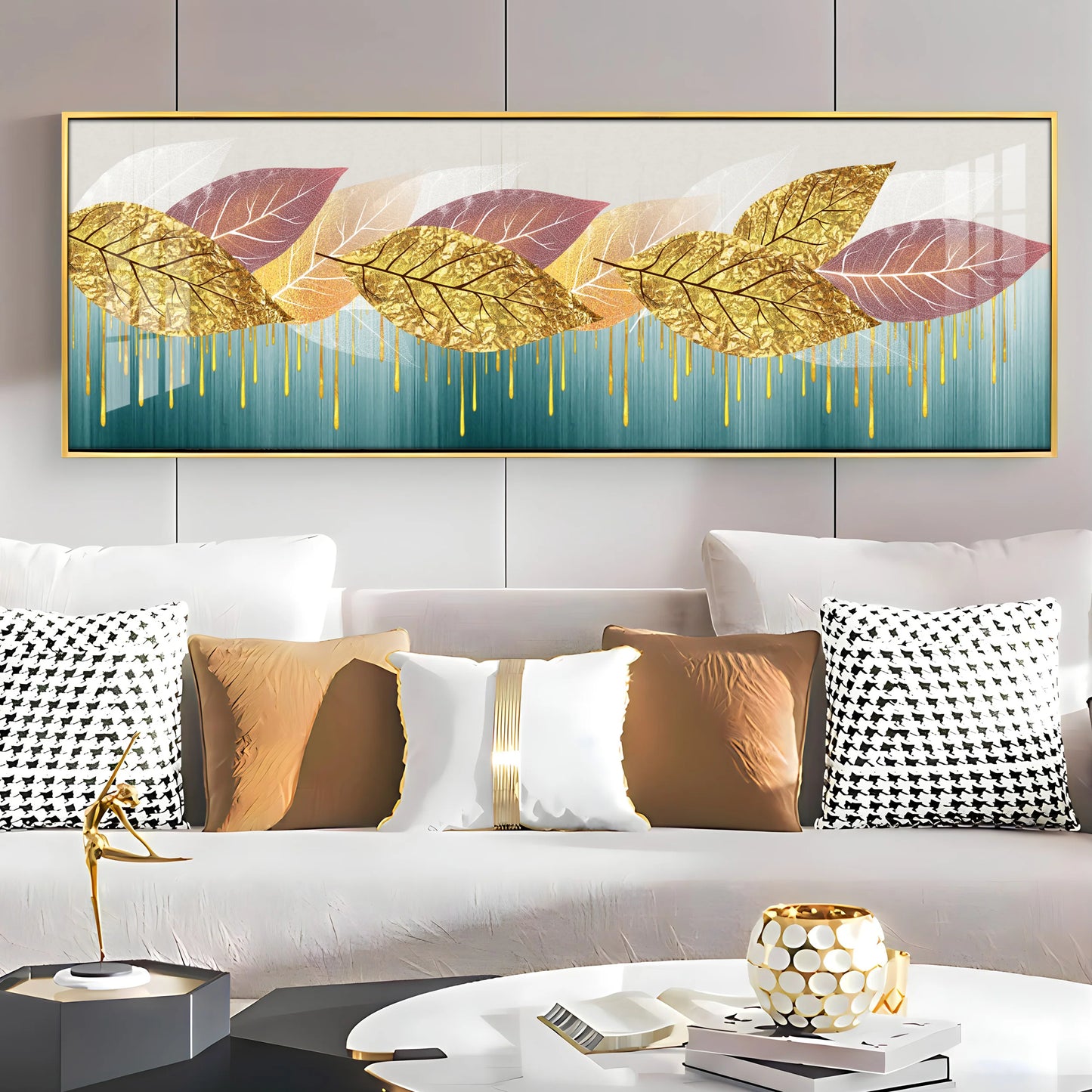 Golden Pink Leaves Luxury Crystal Horizontal Wall Art